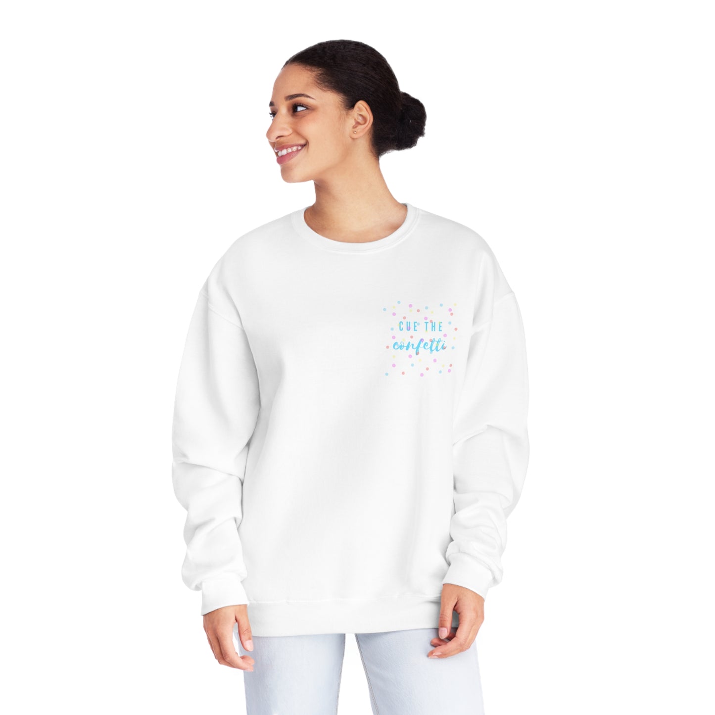 Cue the Confetti Blue Font Unisex NuBlend® Crewneck Sweatshirt