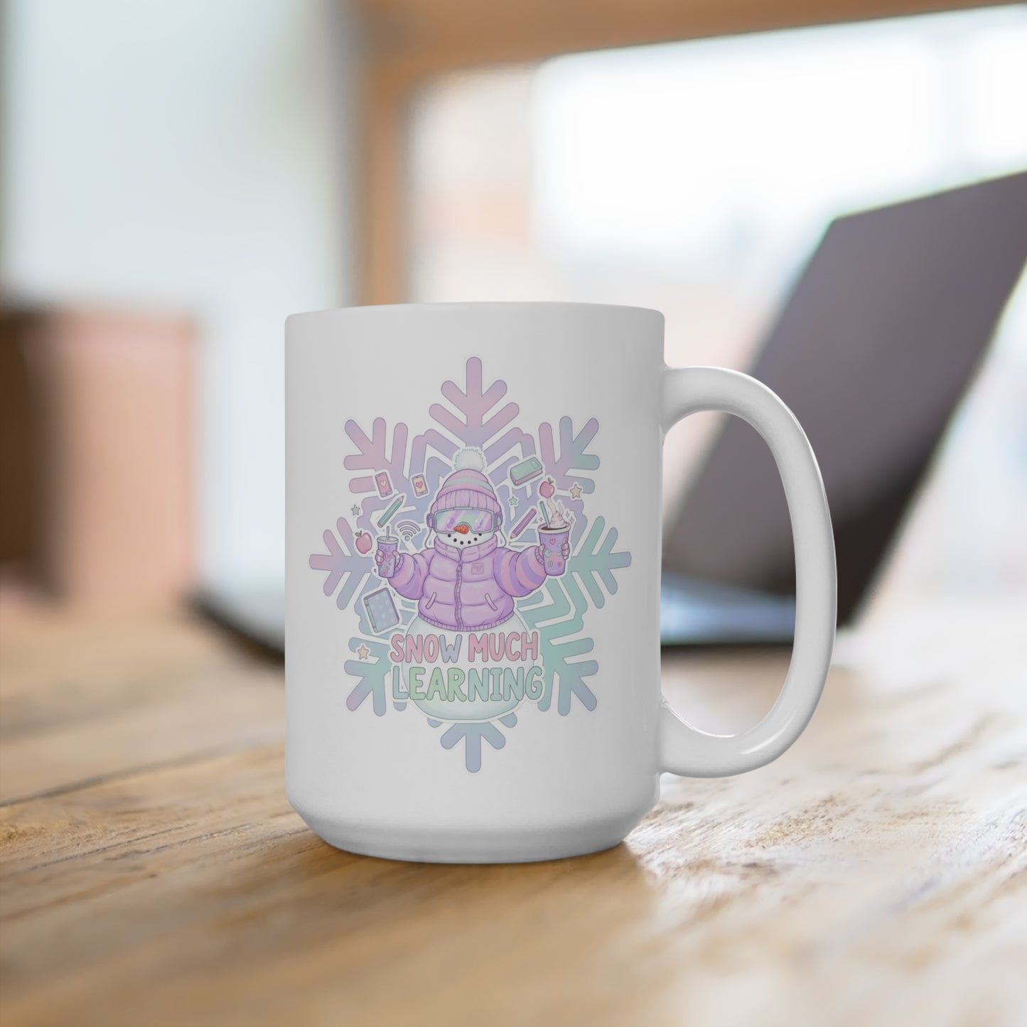 15oz Mug — 'Snow Much Learning' Pastel Snowman Teacher Coffee Cup