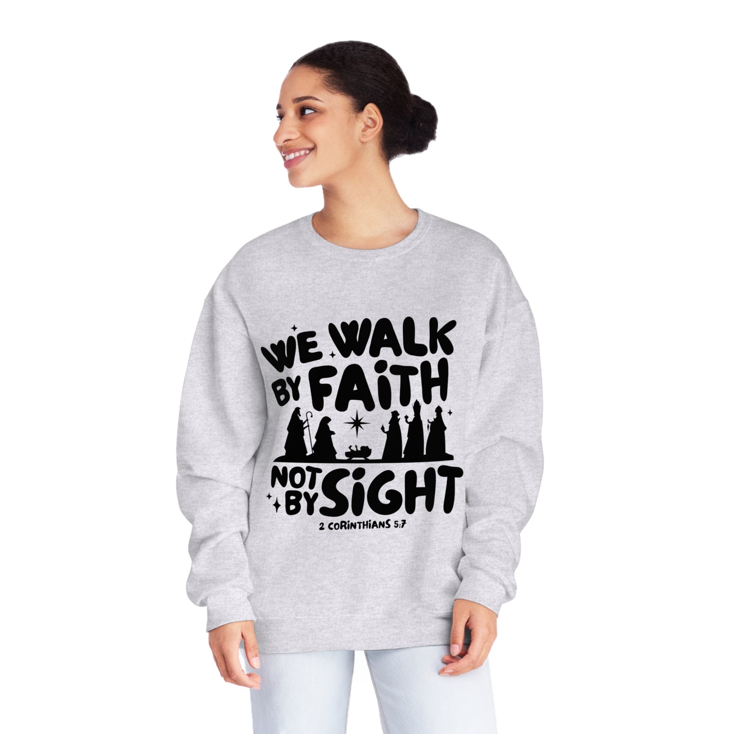 We Walk By Faith Not By Sight Black Unisex NuBlend® Crewneck Sweatshirt