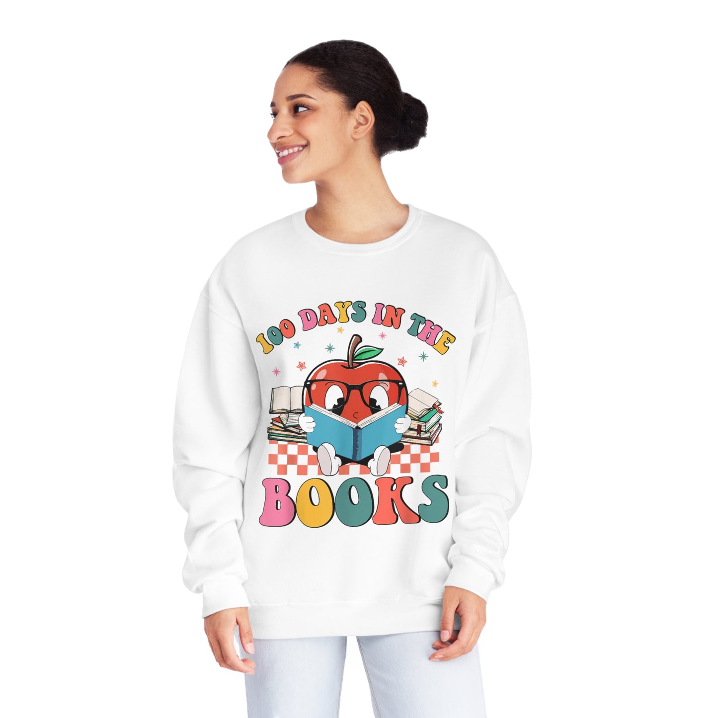 100 Days in the Books Apple Character Unisex NuBlend® Crewneck Sweatshirt