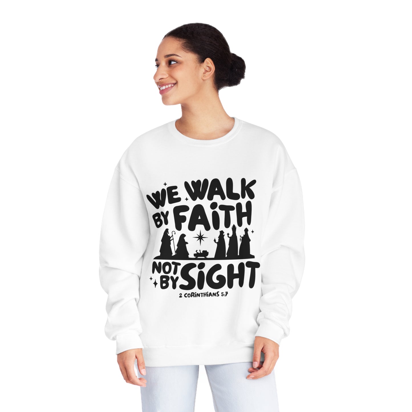 We Walk By Faith Not By Sight Black Unisex NuBlend® Crewneck Sweatshirt