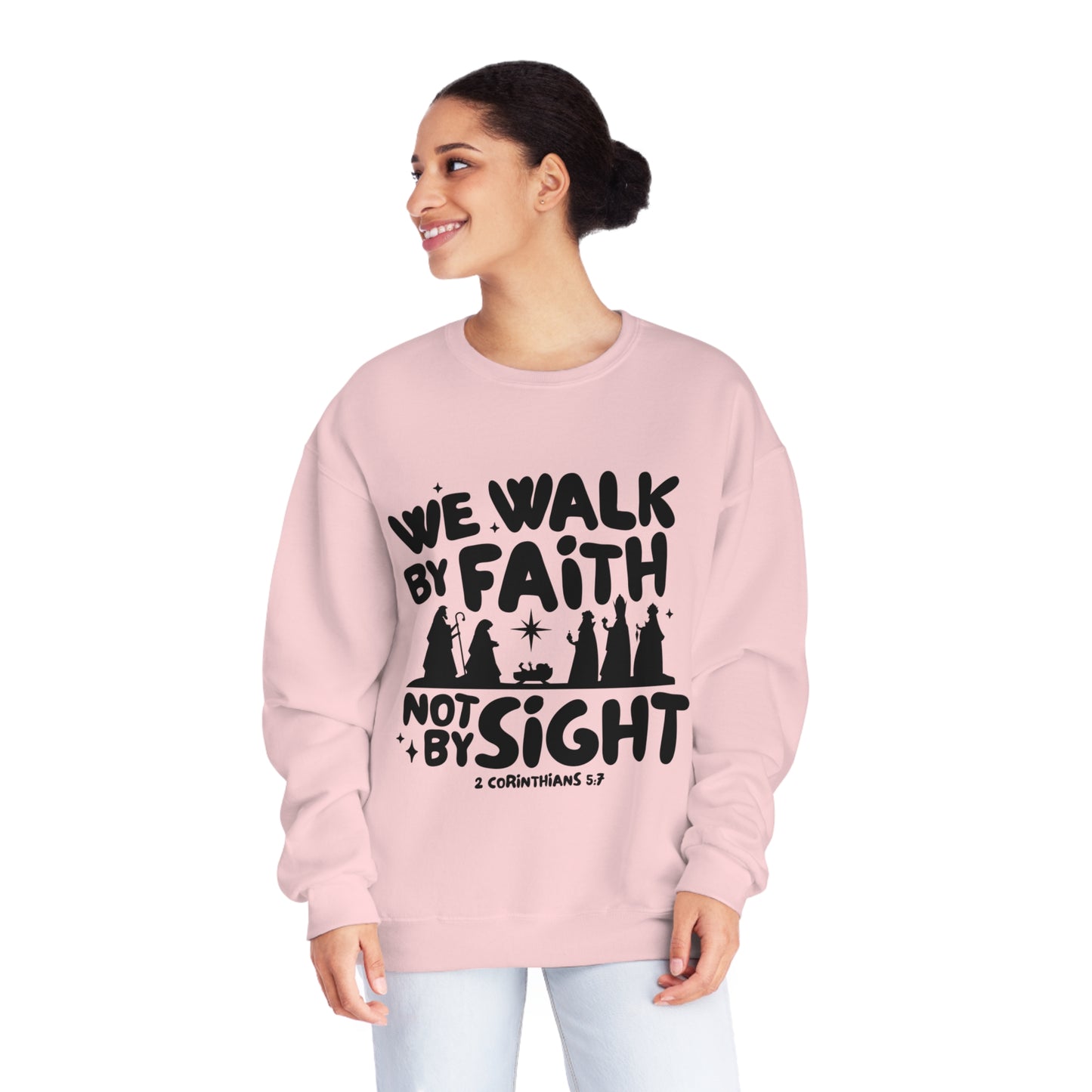 We Walk By Faith Not By Sight Black Unisex NuBlend® Crewneck Sweatshirt