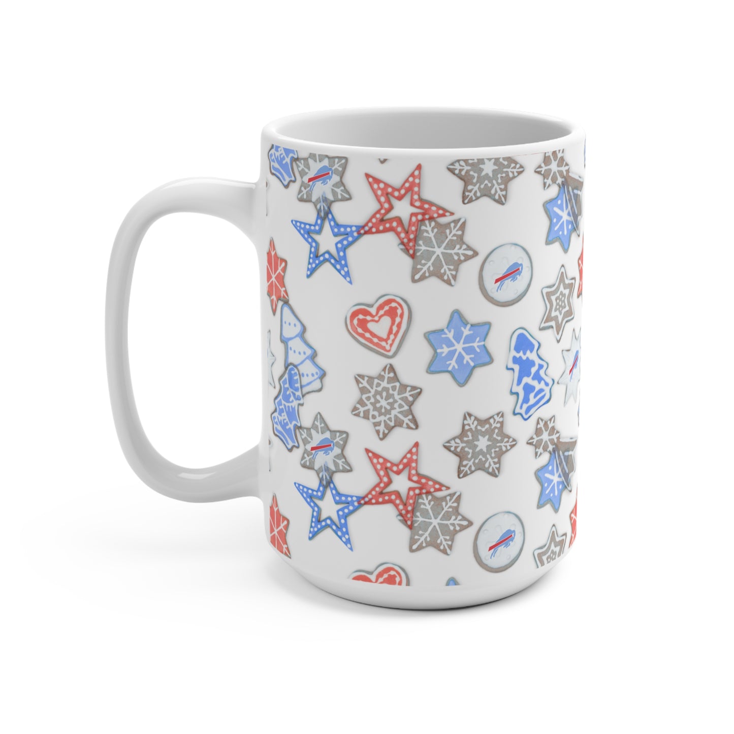 15oz Ceramic Mug — Buffalo Red, White & Blue Holiday Cookies