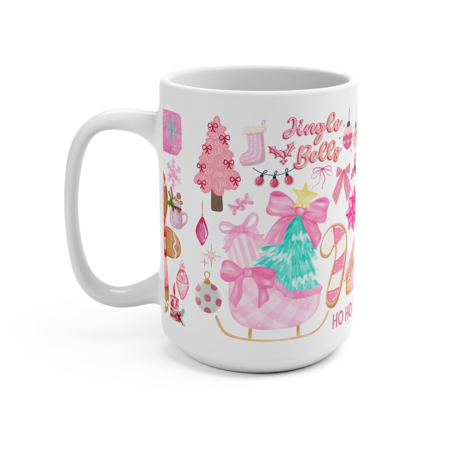 Pink Christmas Nutcracker & Gingerbread Holiday Mug — Festive Pink 15oz Coffee Cup