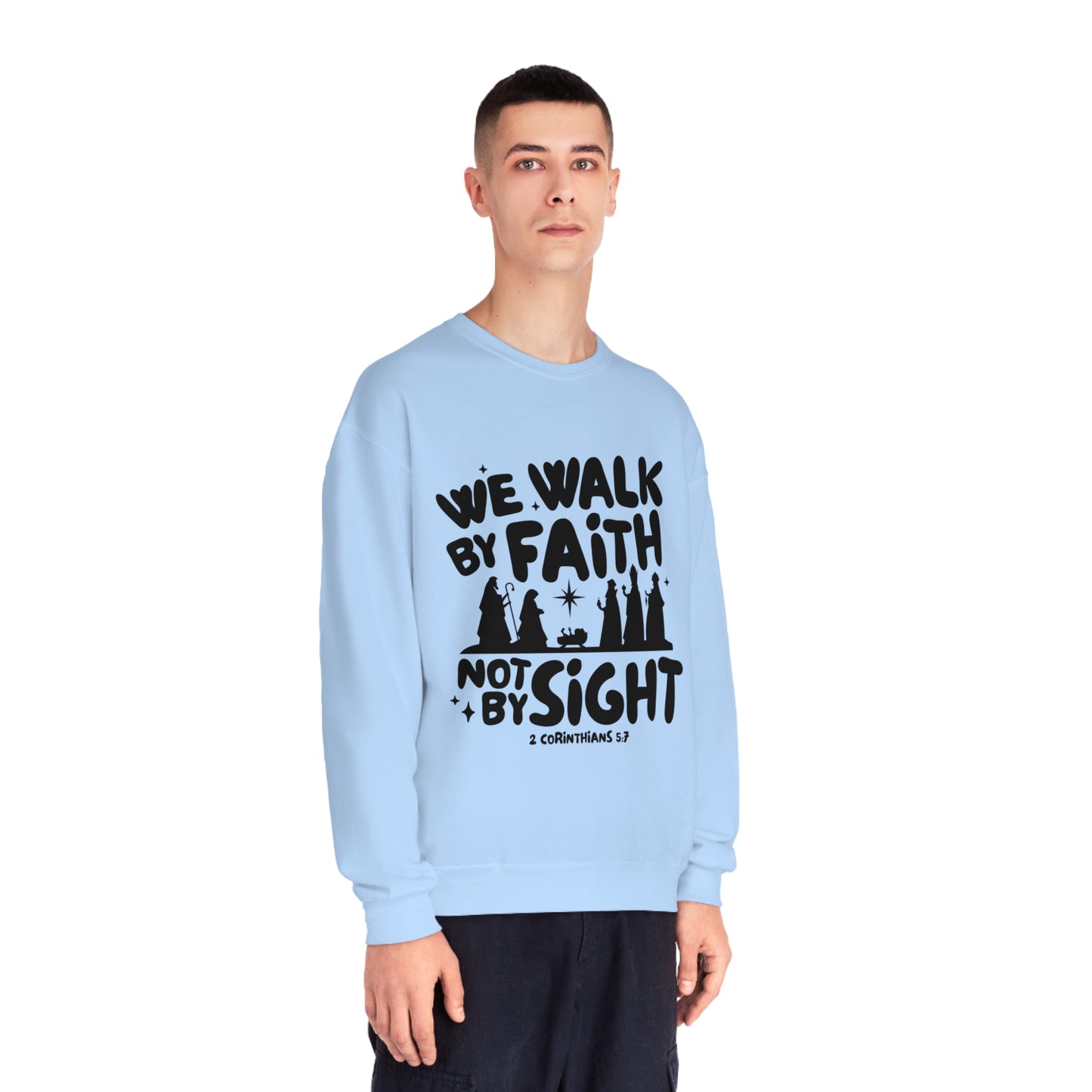 We Walk By Faith Not By Sight Black Unisex NuBlend® Crewneck Sweatshirt