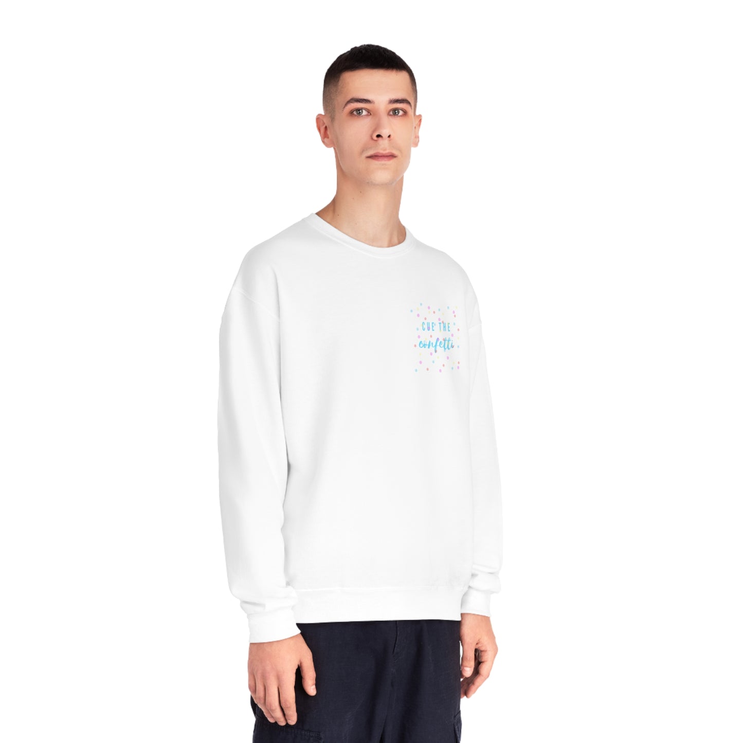 Cue the Confetti Blue Font Unisex NuBlend® Crewneck Sweatshirt