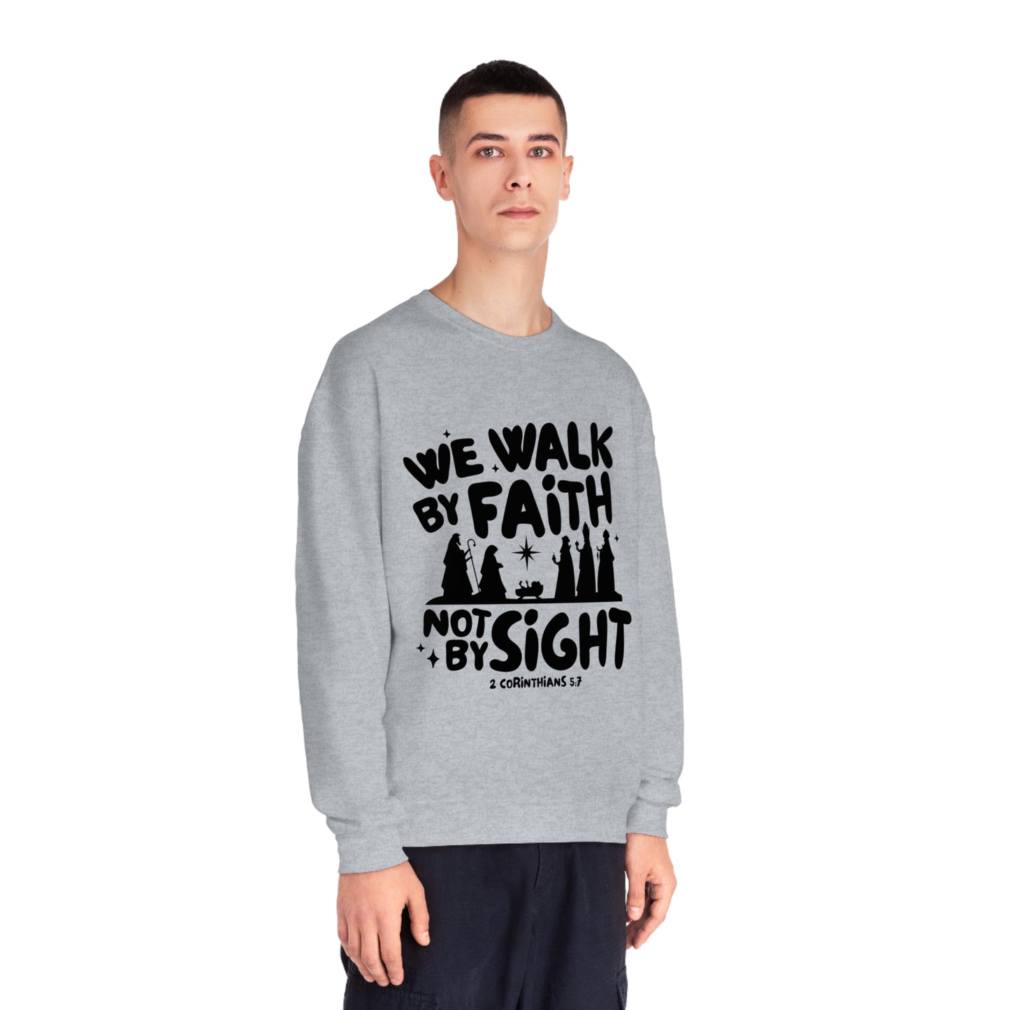 We Walk By Faith Not By Sight Black Unisex NuBlend® Crewneck Sweatshirt