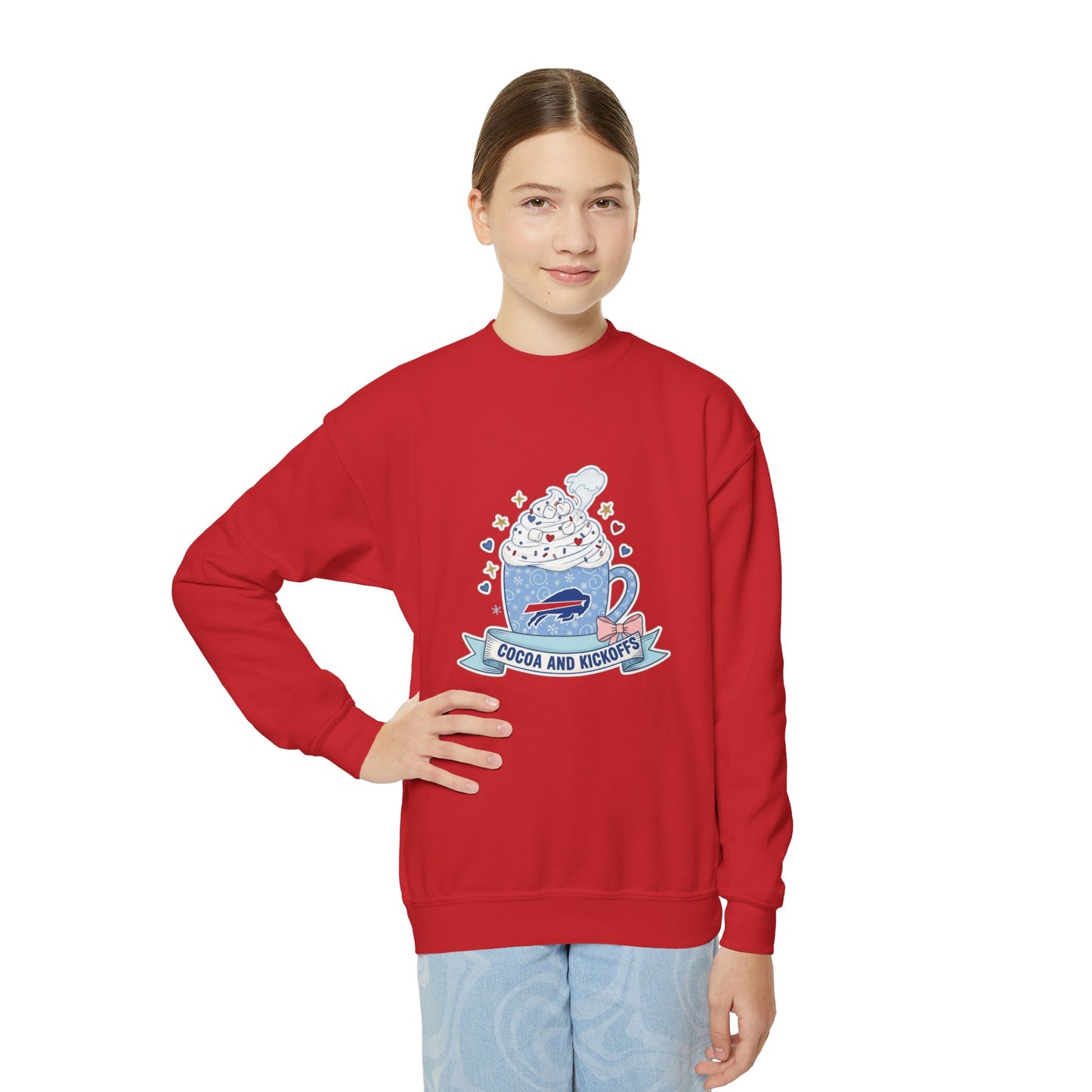 Youth Crewneck Sweatshirt - Cozy Buffalo Hot Cocoa Graphic with Whipped Cream & Stars