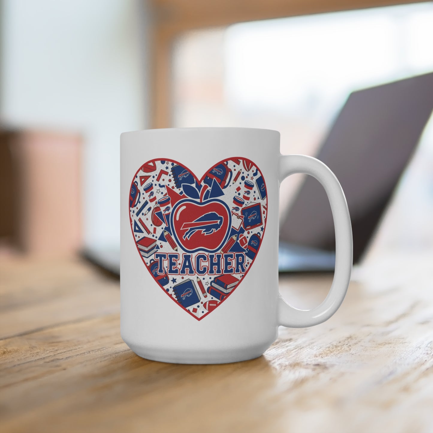 Teacher Heart 15oz Mug — Red & Blue Buffalo Apple School Spirit Coffee Cup