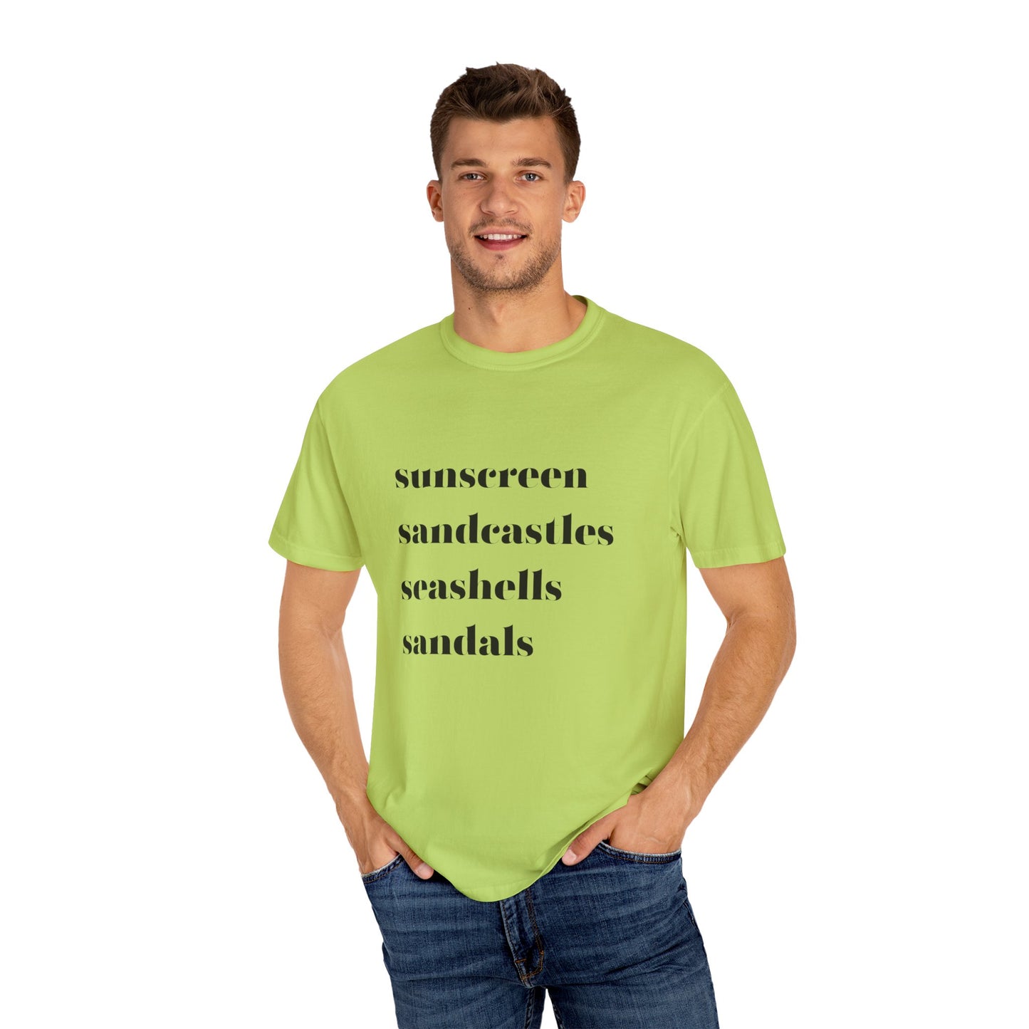 Sunscreen Sandcastles Seashells Sandals Unisex Garment-Dyed T-shirt