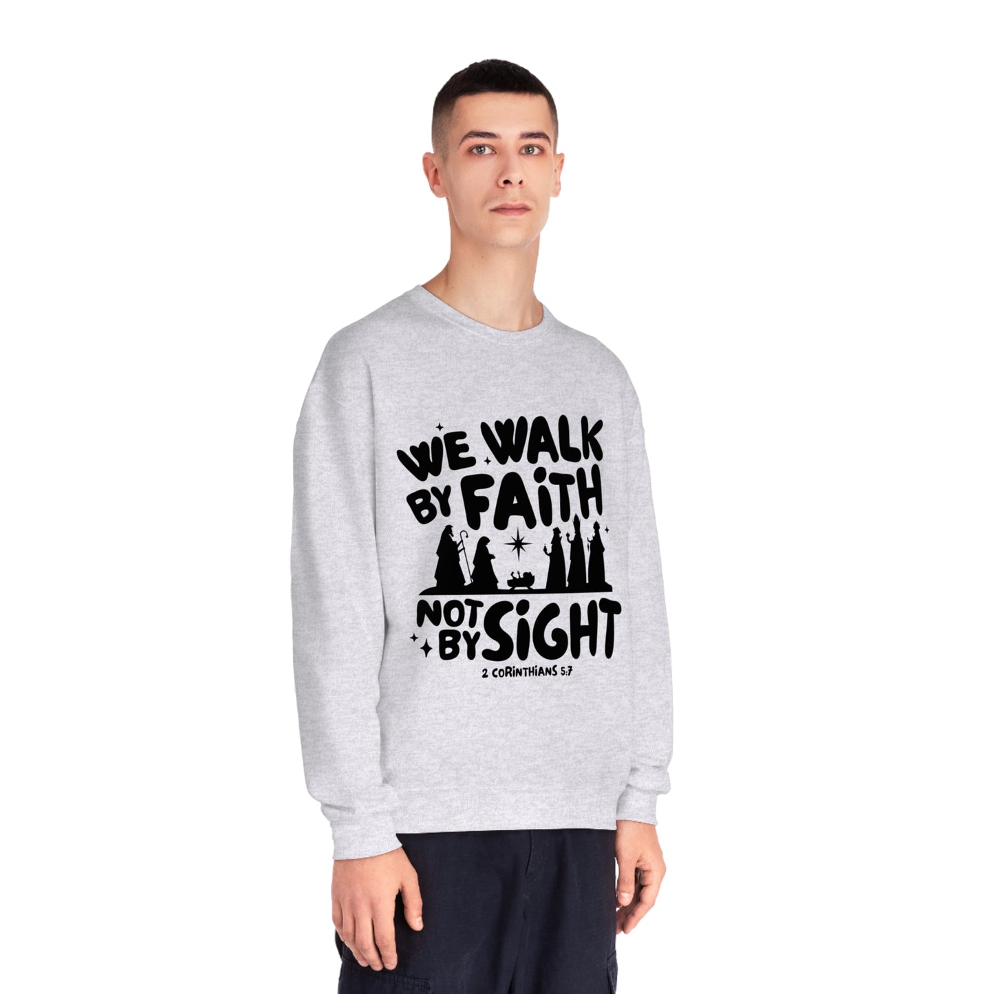 We Walk By Faith Not By Sight Black Unisex NuBlend® Crewneck Sweatshirt