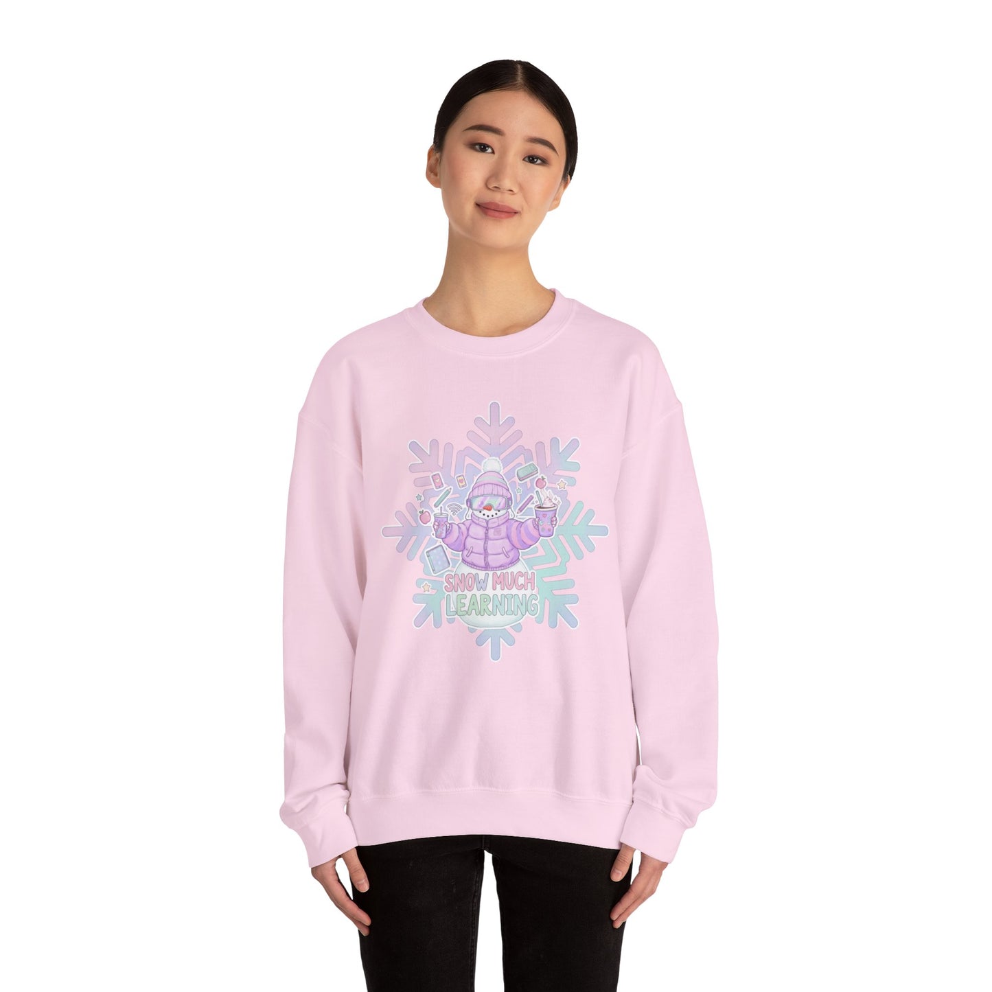 Snow Much Learning Crewneck Sweatshirt — Pastel Snowflake Snowman "Snow Much Fun"