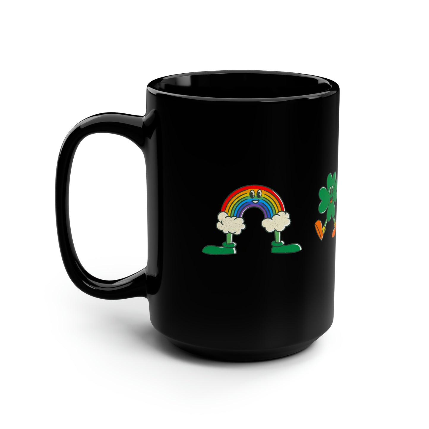 Shamrock and Rainbow Man Black Mug, 15oz
