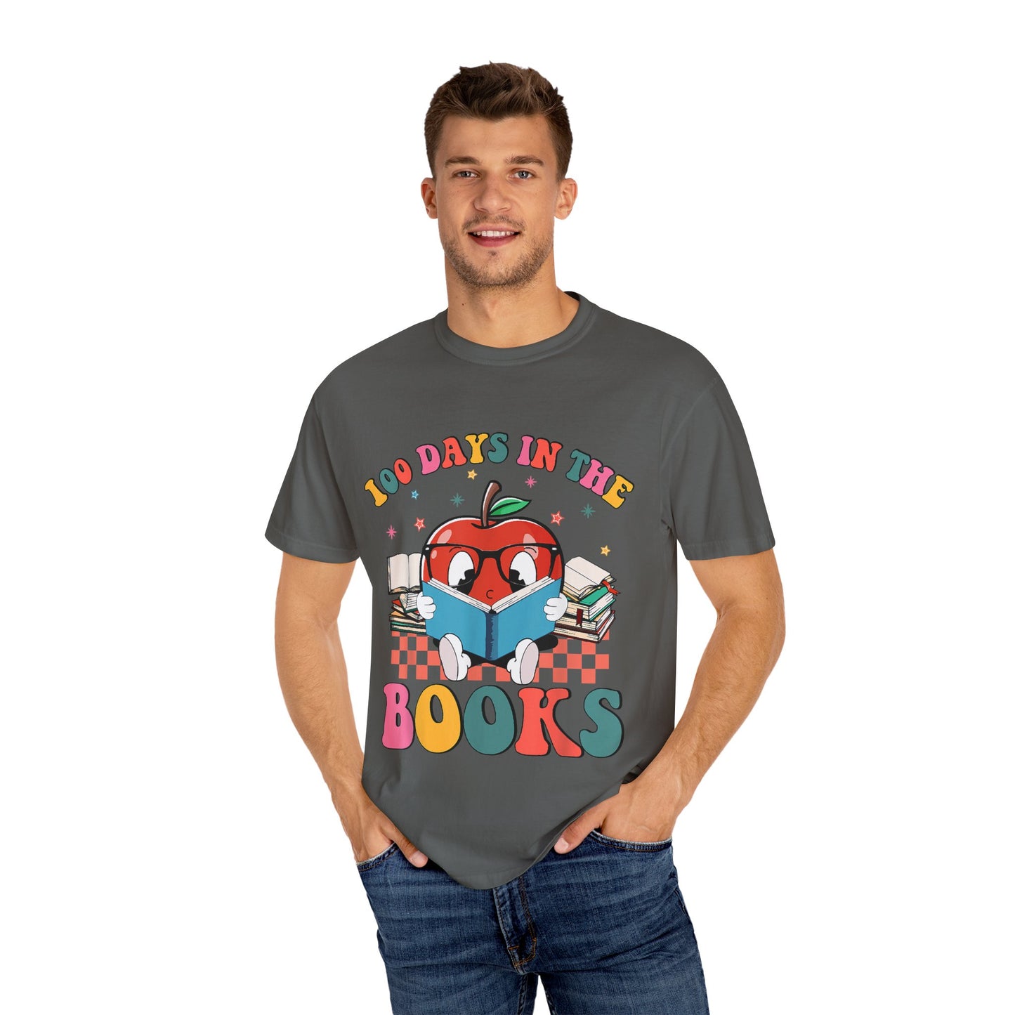 100 Days in the Books Apple Character Unisex Garment-Dyed T-shirt