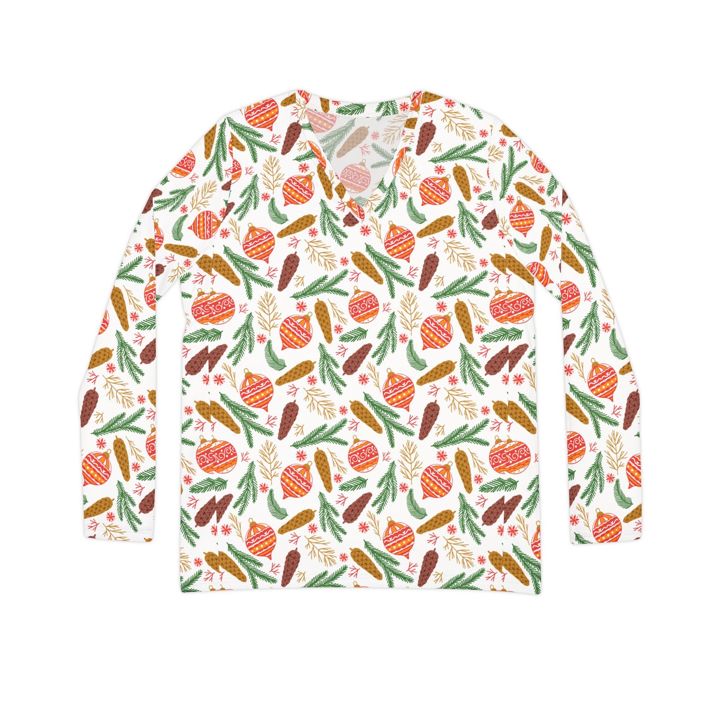 Festive Ornaments and Pinecones Women's Long Sleeve V-neck Pajama Shirt