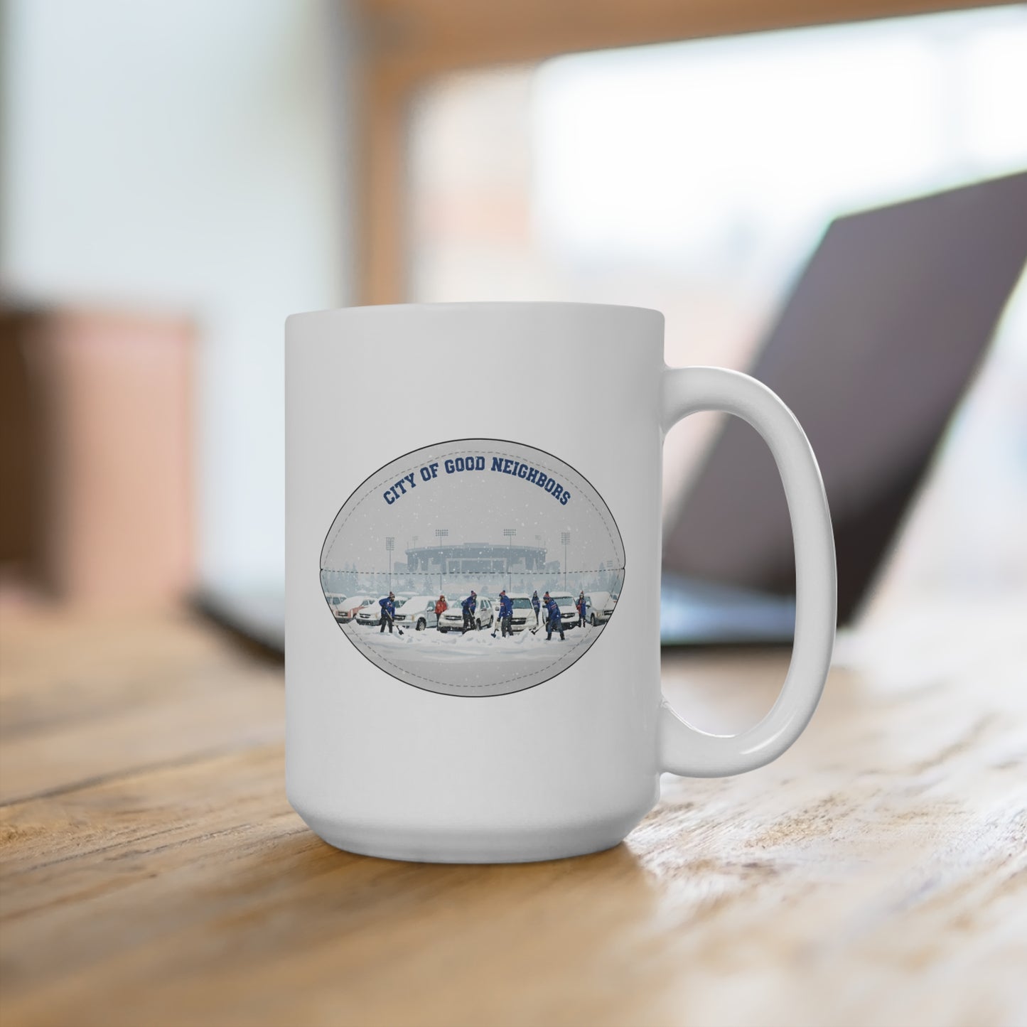 City of Good Neighbors 15oz Ceramic Mug — Vintage Winter Neighborhood Scene