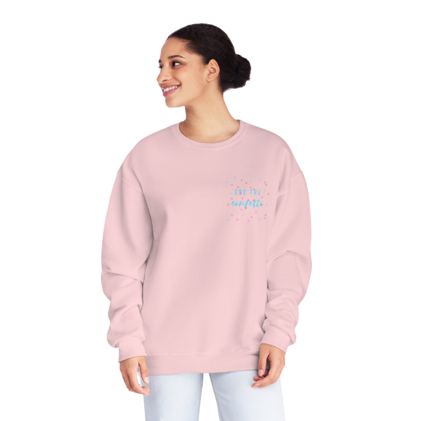 Cue the Confetti Blue Font Unisex NuBlend® Crewneck Sweatshirt