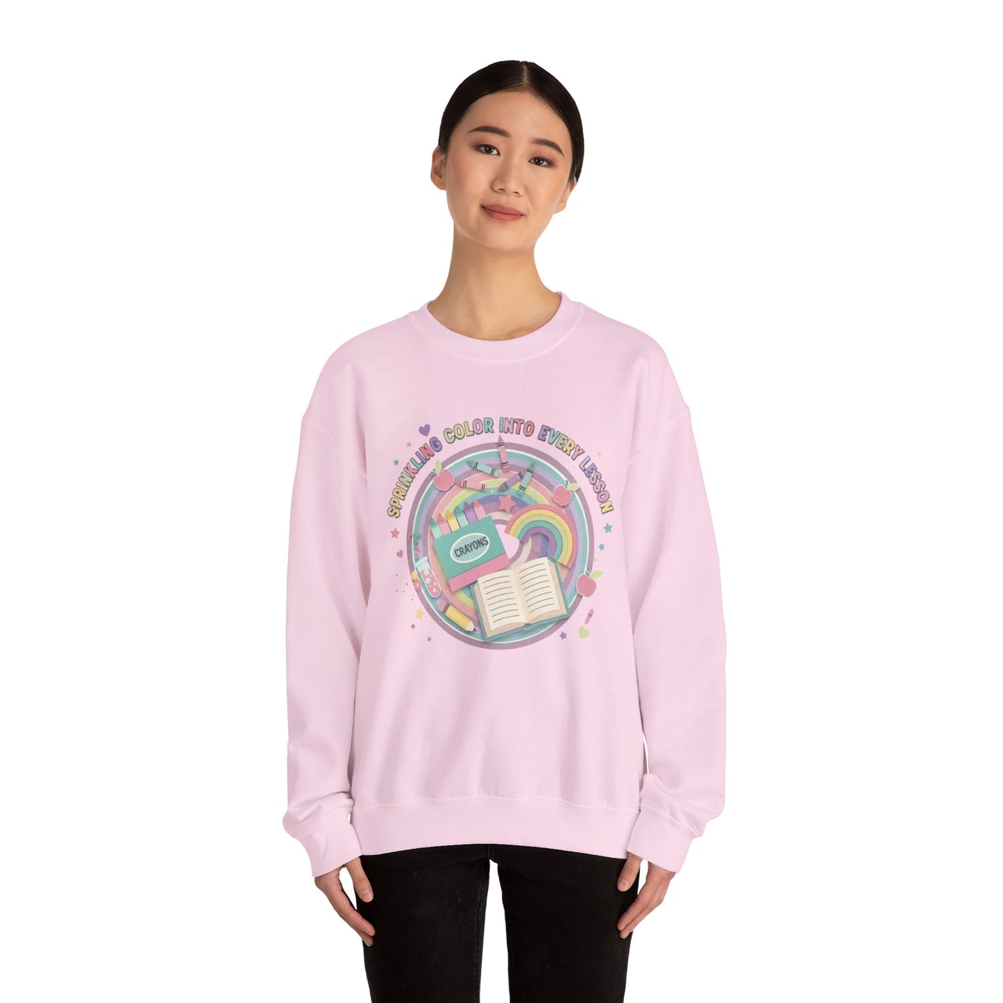 Crewneck Sweatshirt — "Sprinkling Color Into Every Lesson" Pastel Rainbow Teacher Sweatshirt
