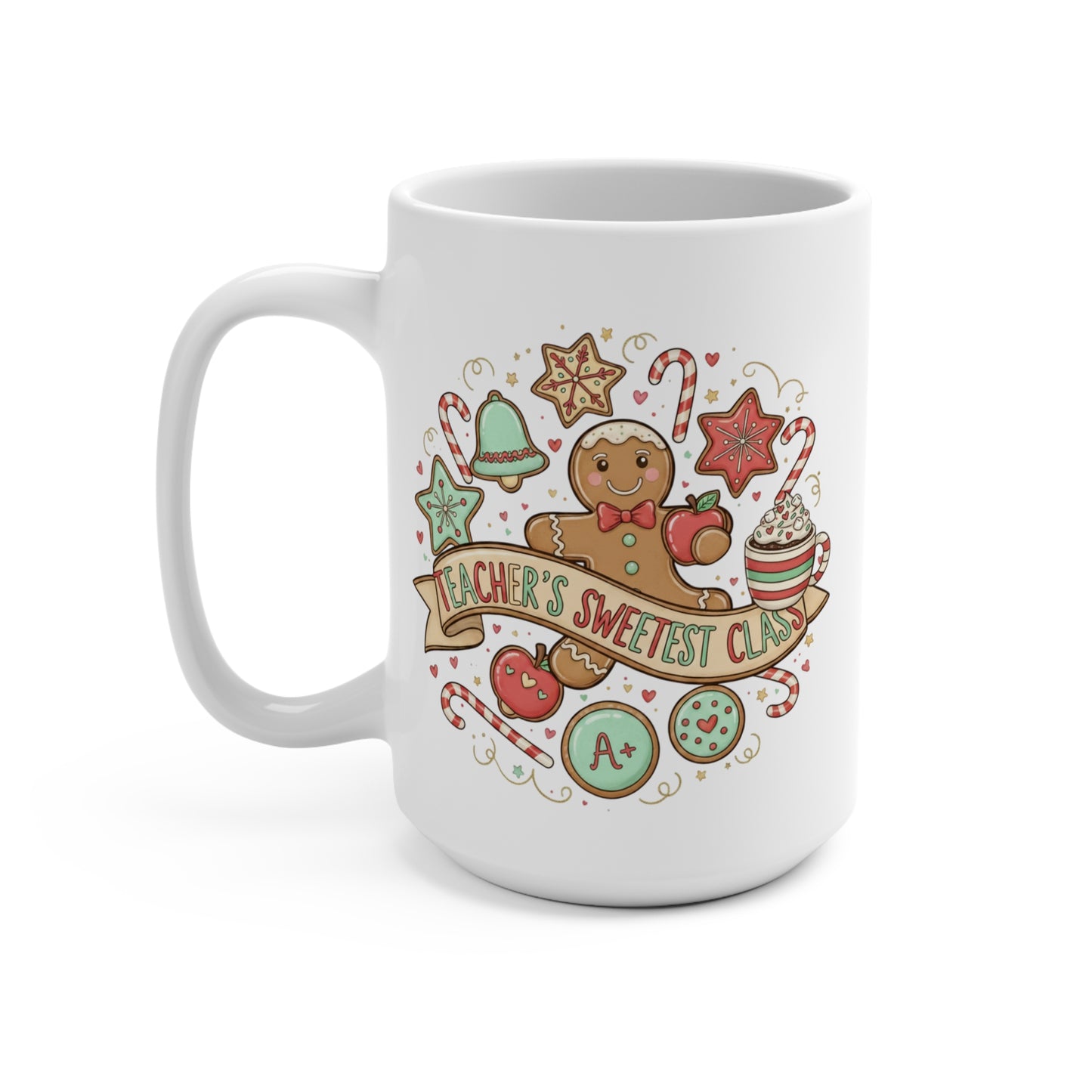 Teacher's Sweetest Cup 15oz Christmas Mug — Gingerbread Holiday Gift for Teachers