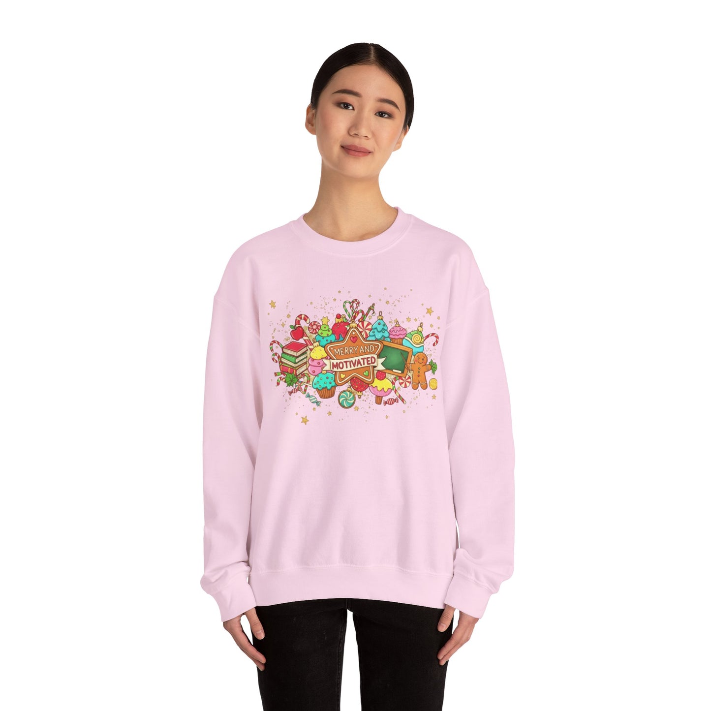 Merry and Motivated Sweets Crewneck Sweatshirt — Colorful Candy & Dessert Graphic