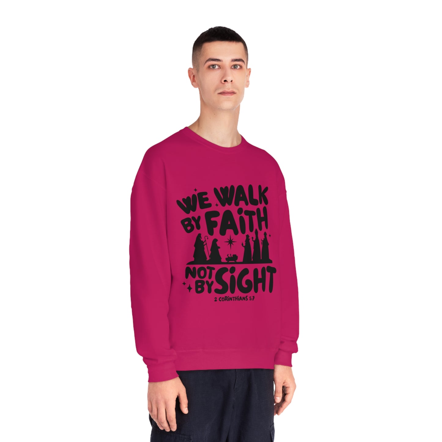 We Walk By Faith Not By Sight Black Unisex NuBlend® Crewneck Sweatshirt