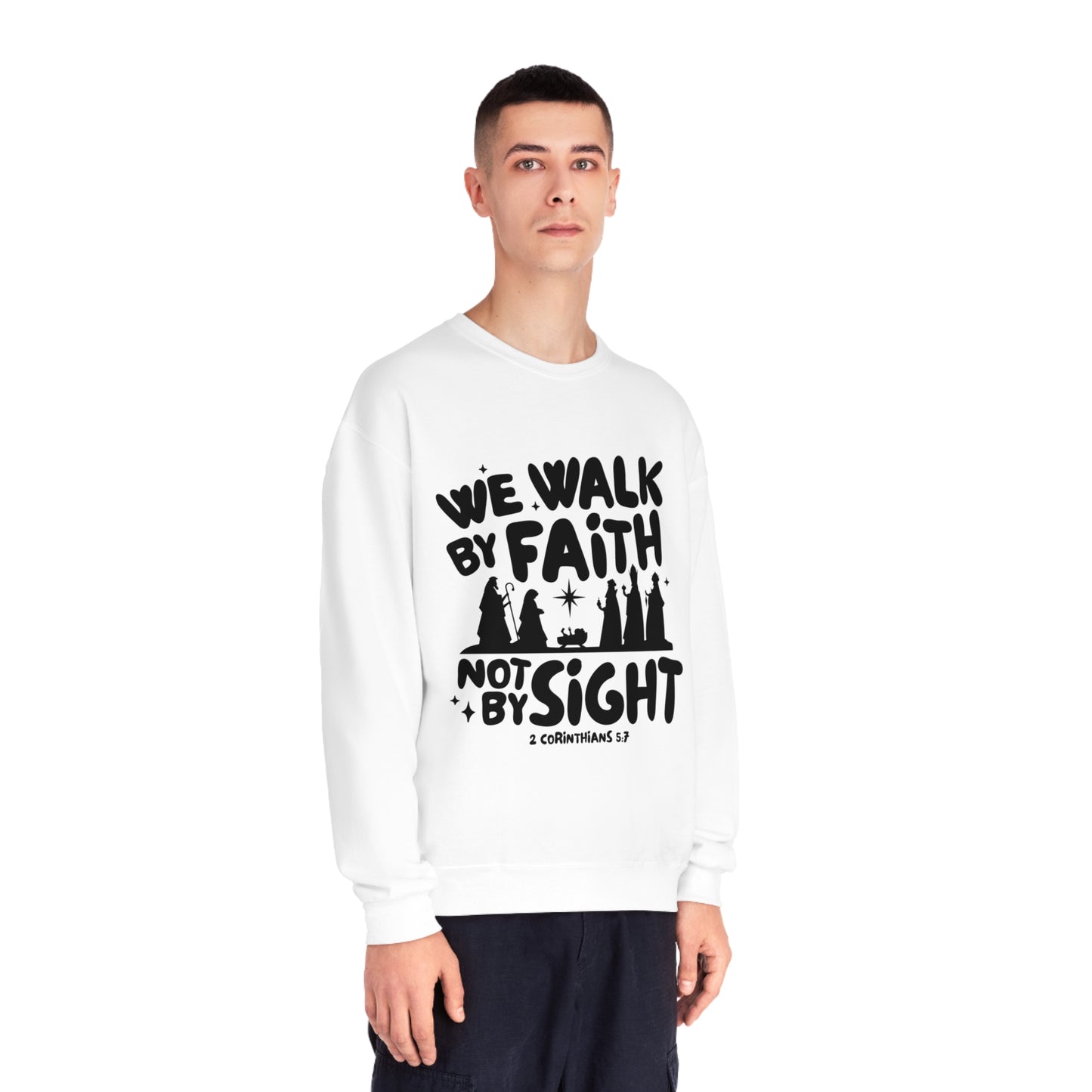 We Walk By Faith Not By Sight Black Unisex NuBlend® Crewneck Sweatshirt