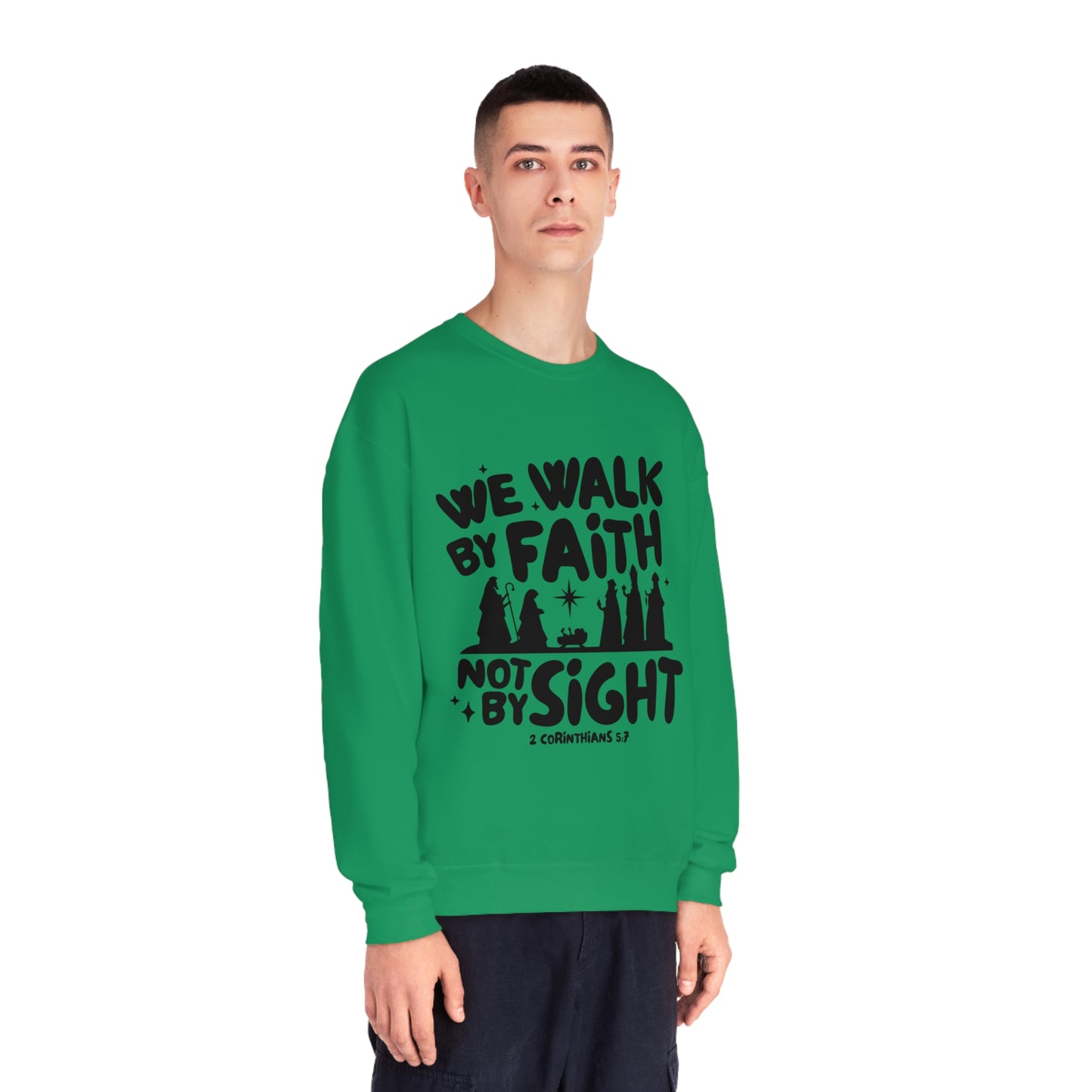 We Walk By Faith Not By Sight Black Unisex NuBlend® Crewneck Sweatshirt