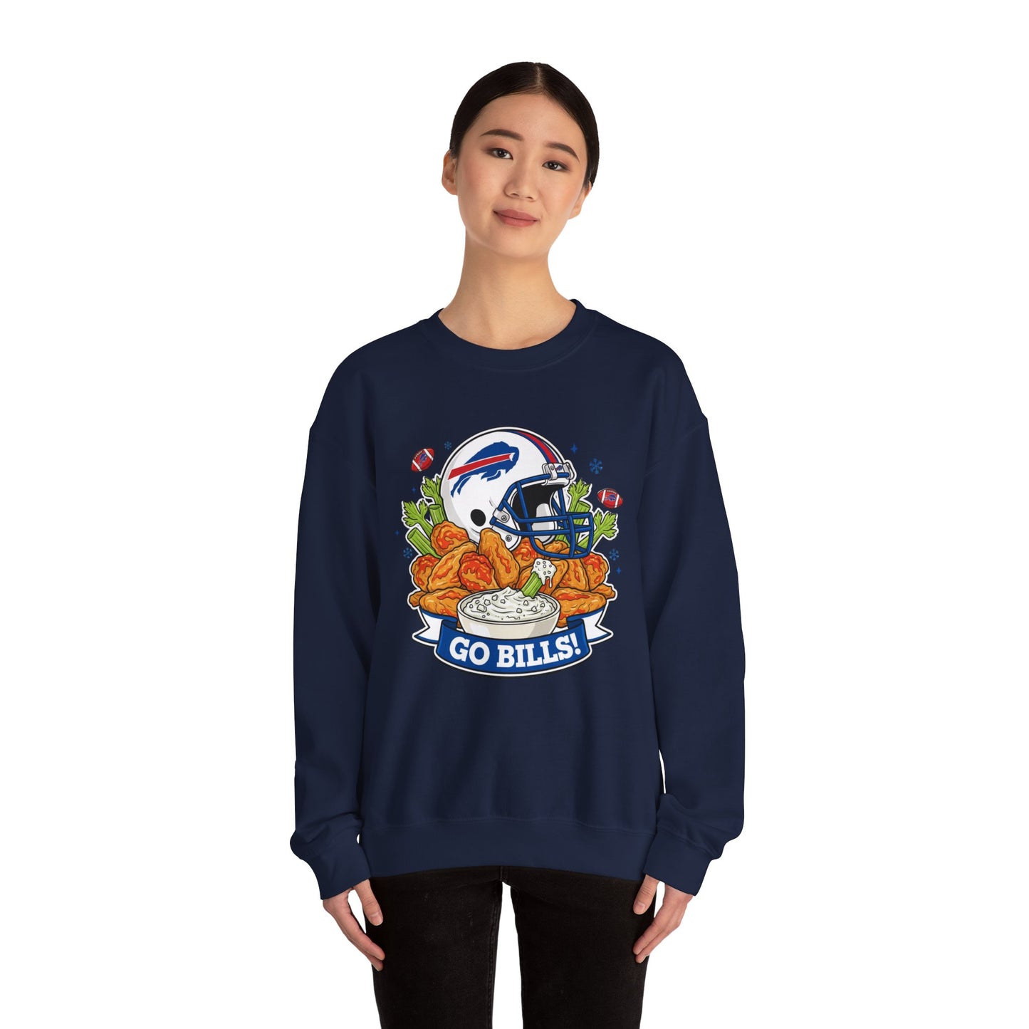 Buffalo Football Helmet & Wings Crewneck Sweatshirt — "Go Buffalo!" Fan Pullover