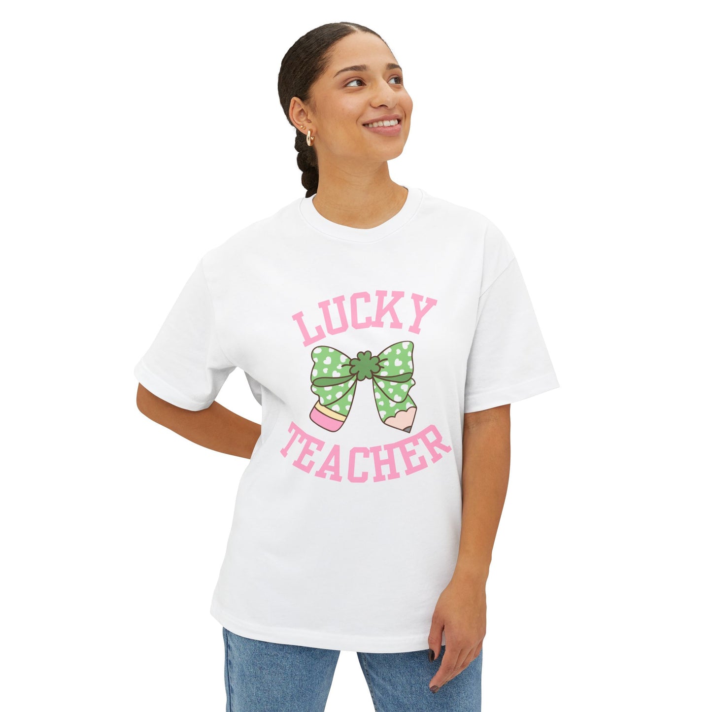 Lucky Teacher Pencil Bow Unisex Oversized Boxy Tee