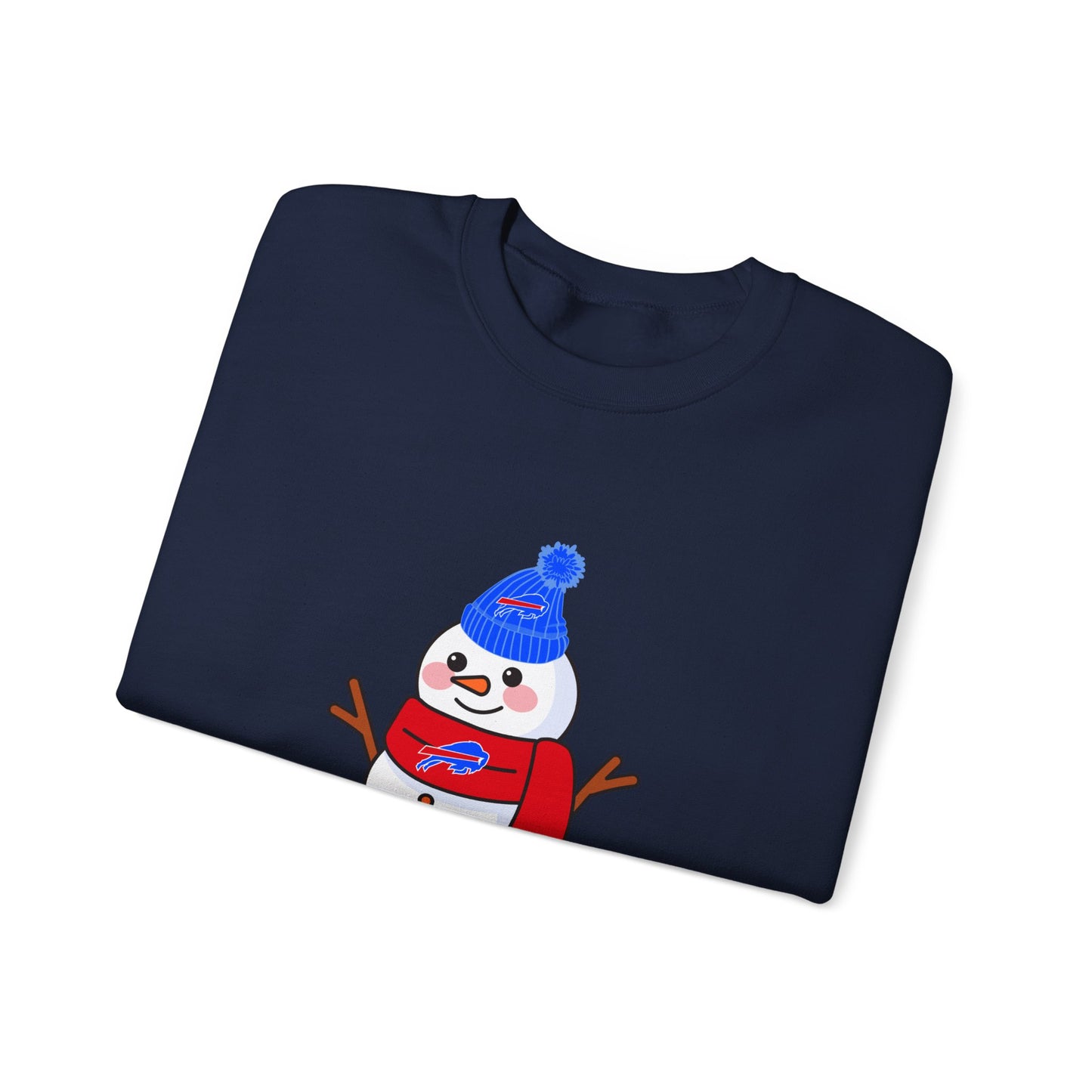 Buffalo Snowman Crewneck Sweatshirt – Cute Winter Snowman with Blue Beanie & Red Scarf