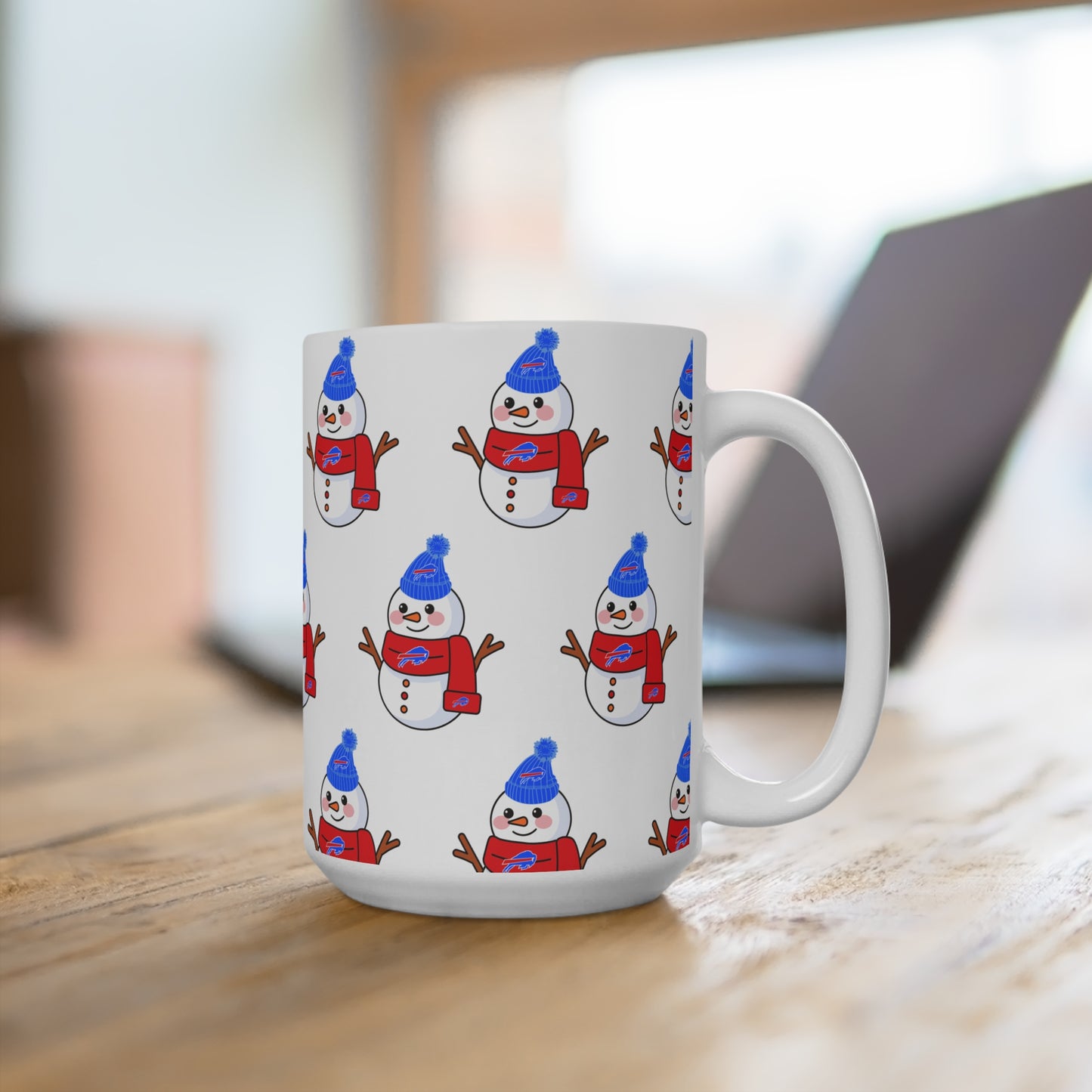 15oz Buffalo Snowman Pattern Mug — Cute Holiday Coffee Cup with Blue Hat & Red Scarf