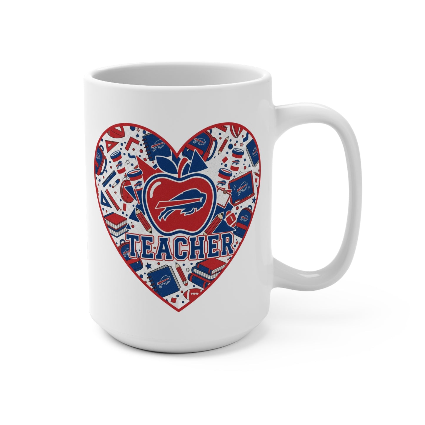 Teacher Heart 15oz Mug — Red & Blue Buffalo Apple School Spirit Coffee Cup