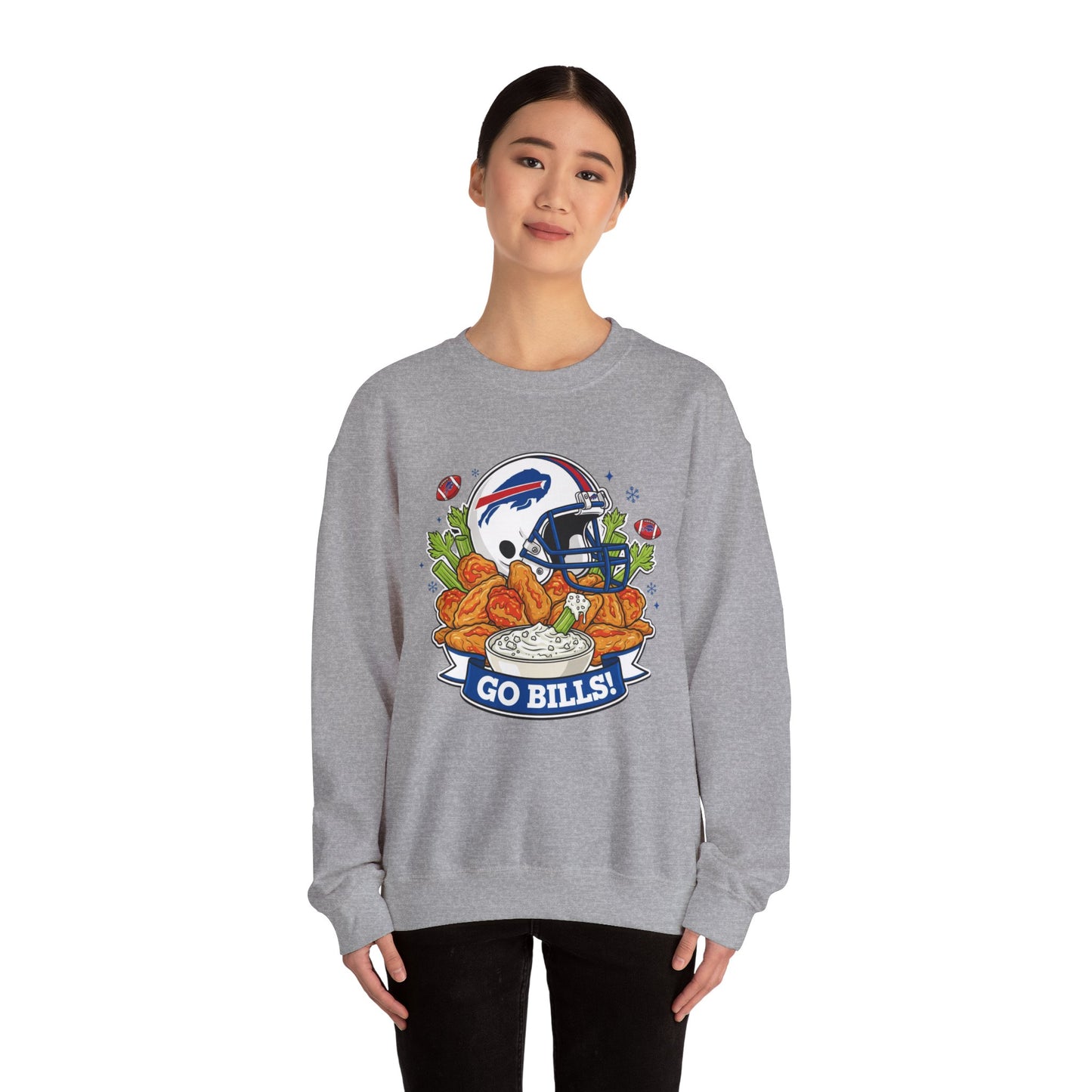 Buffalo Football Helmet & Wings Crewneck Sweatshirt — "Go Buffalo!" Fan Pullover