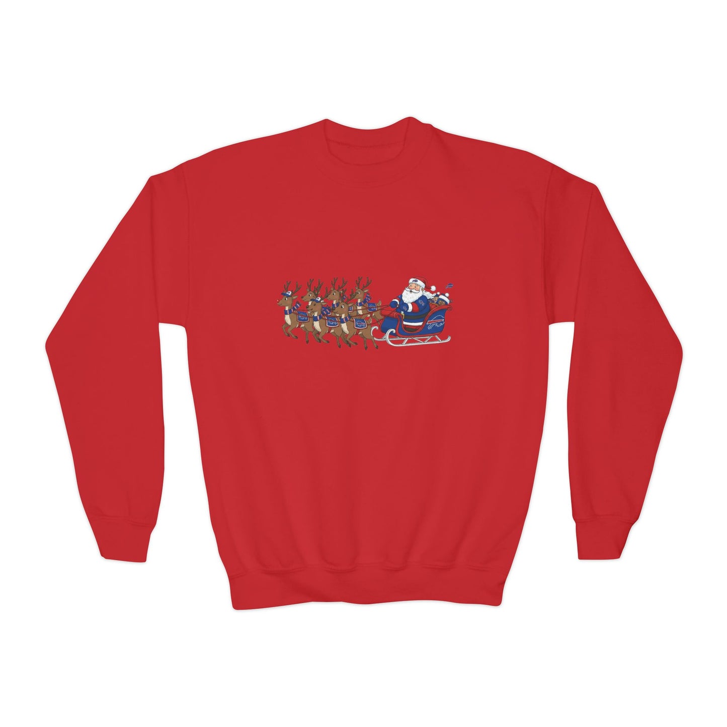 Kids Buffalo Christmas Crewneck Sweatshirt - Santa Sleigh & Reindeer Holiday Pullover