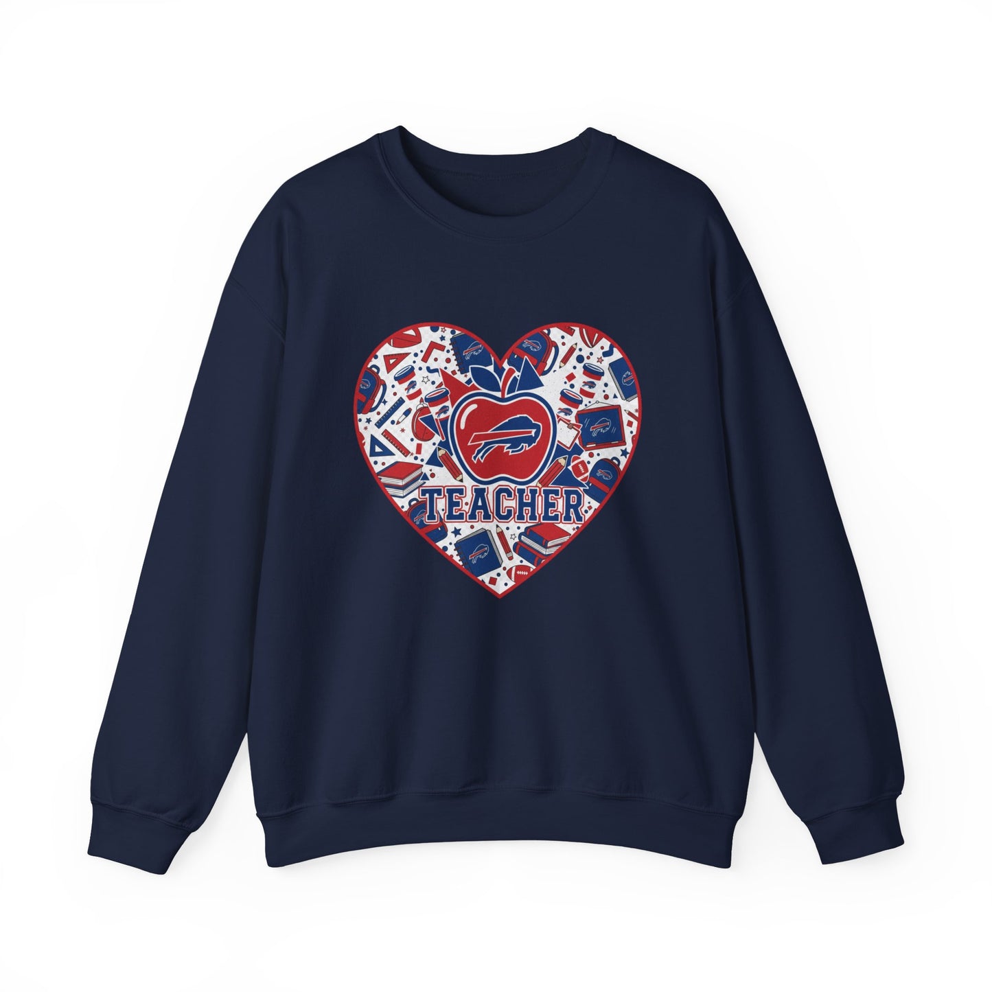 Teacher Crewneck Sweatshirt — Red & Blue Apple Graphic Teacher Pullover