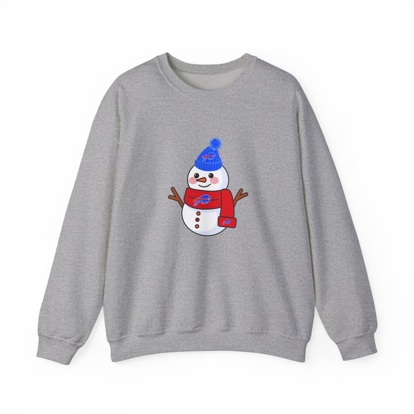 Buffalo Snowman Crewneck Sweatshirt – Cute Winter Snowman with Blue Beanie & Red Scarf