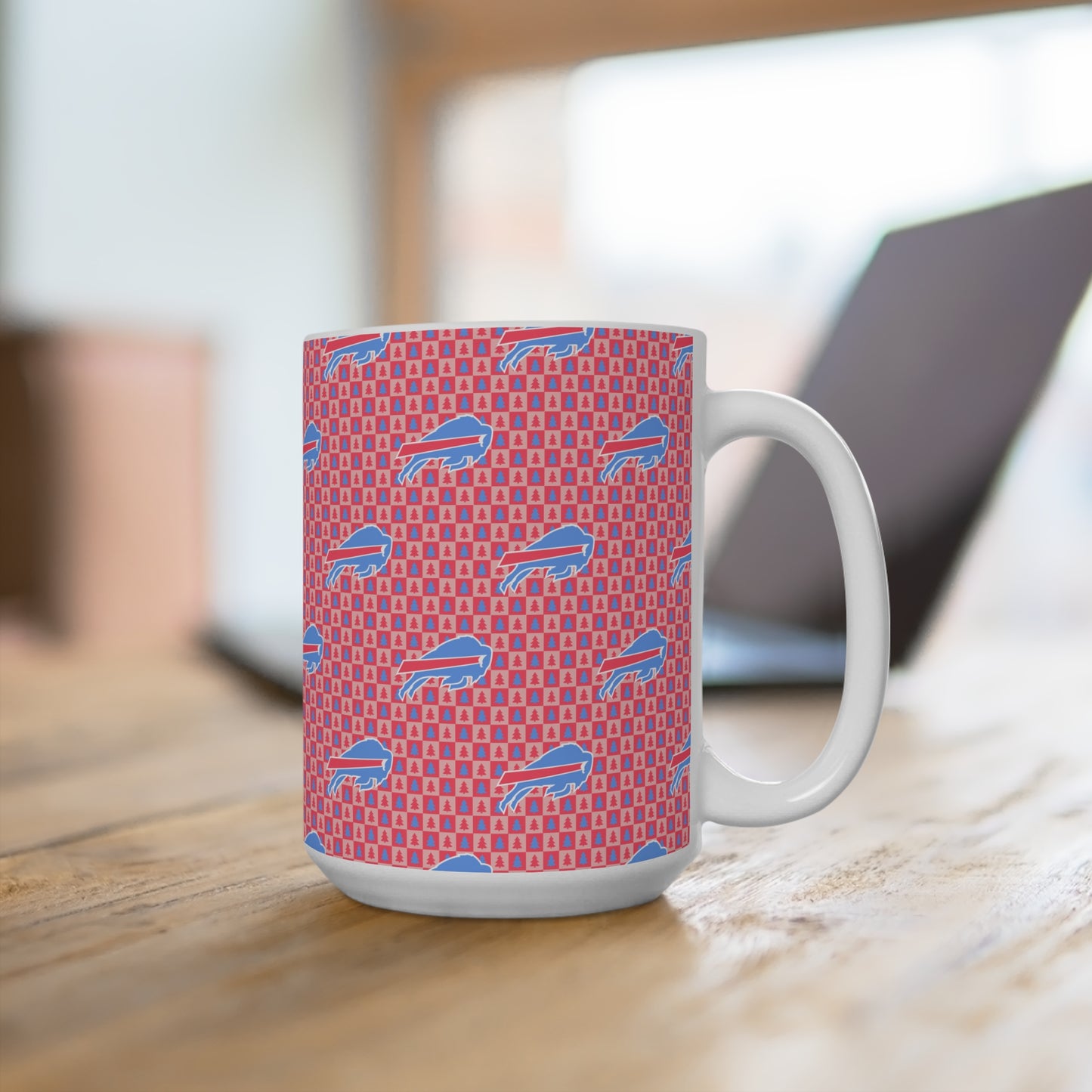 15oz Buffalo Pattern Tree Background Mug — Retro Team Logo Coffee Cup