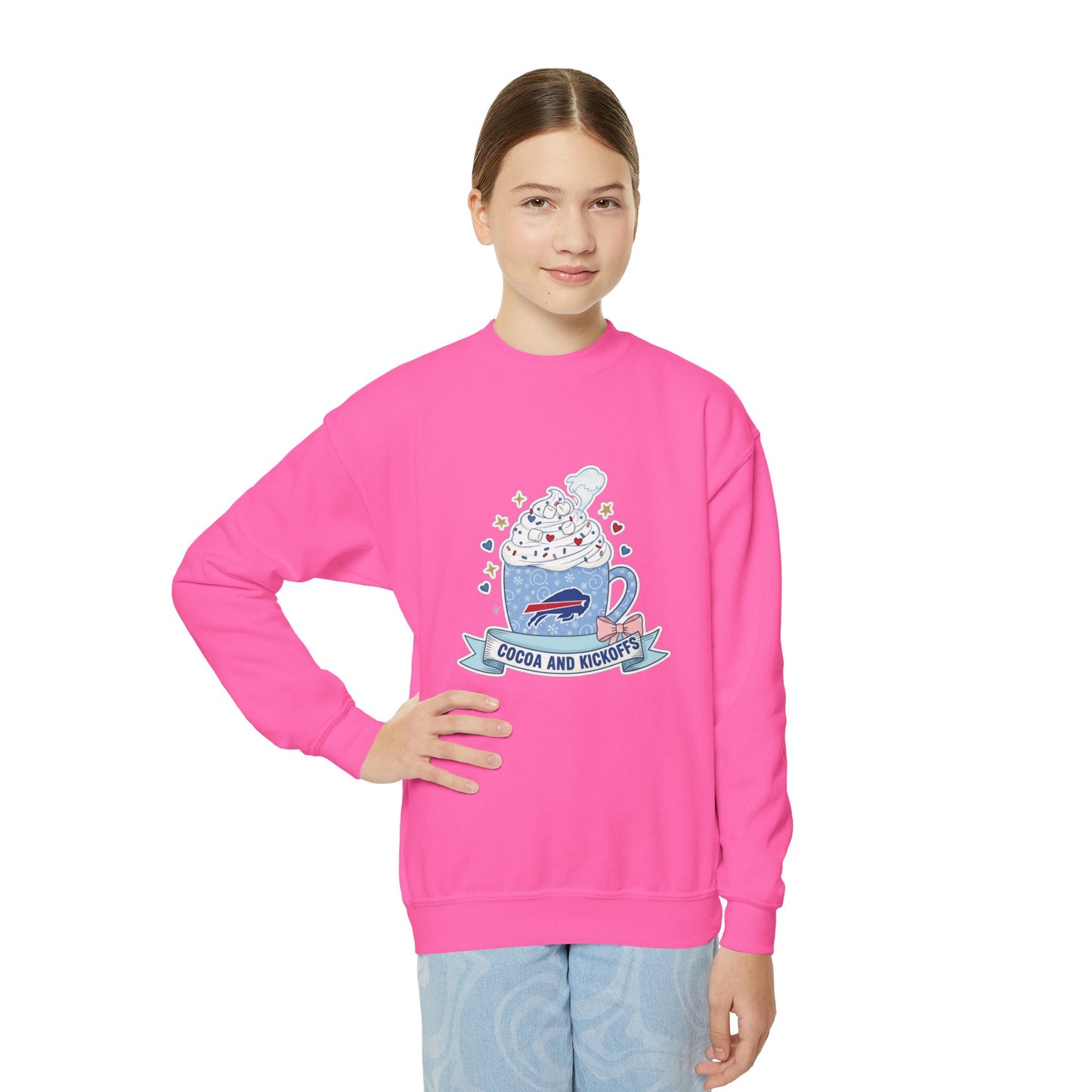Youth Crewneck Sweatshirt - Cozy Buffalo Hot Cocoa Graphic with Whipped Cream & Stars