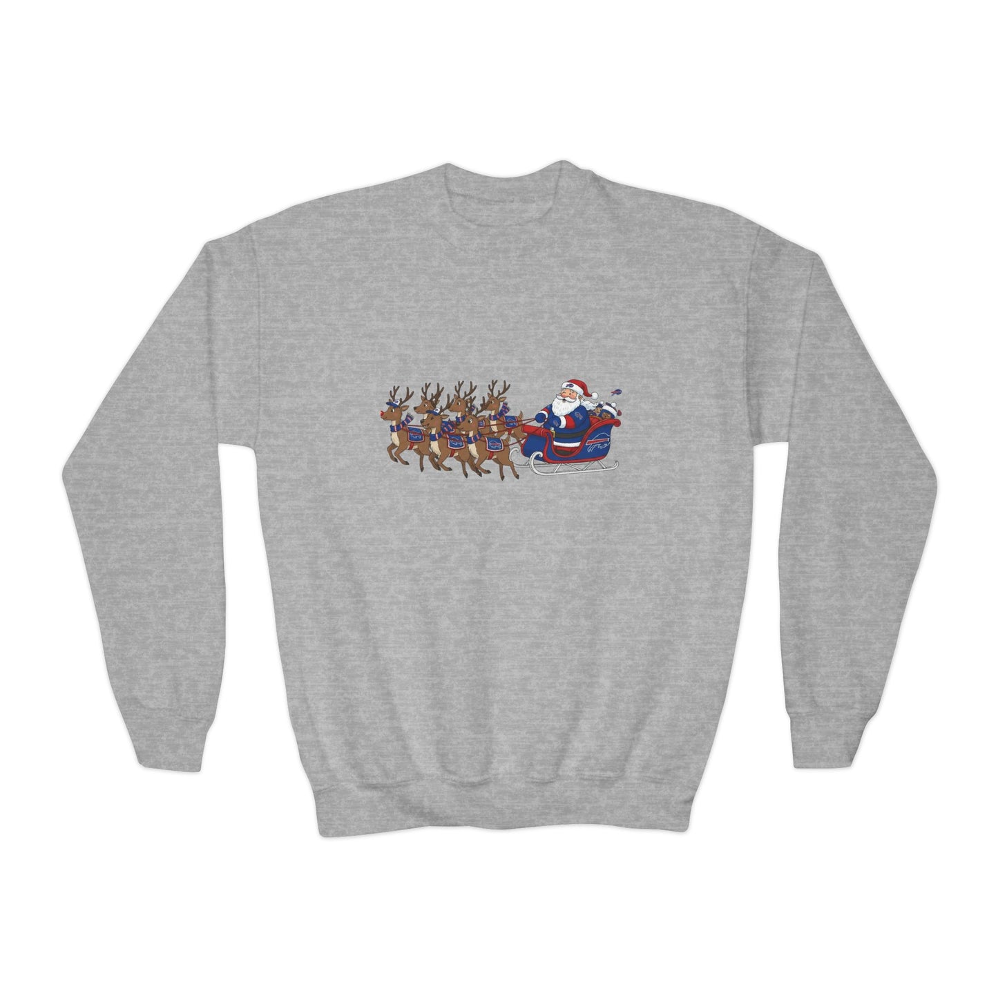 Kids Buffalo Christmas Crewneck Sweatshirt - Santa Sleigh & Reindeer Holiday Pullover