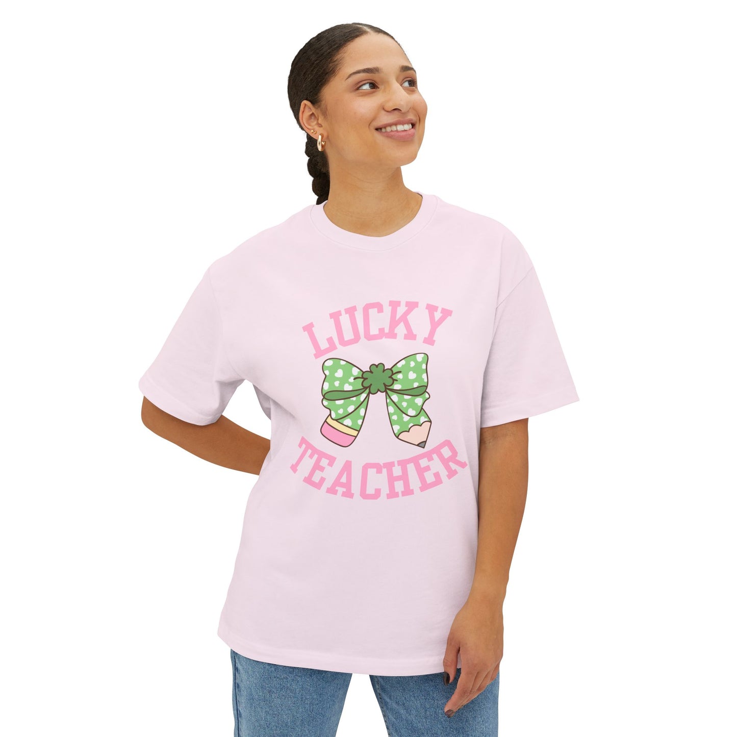 Lucky Teacher Pencil Bow Unisex Oversized Boxy Tee