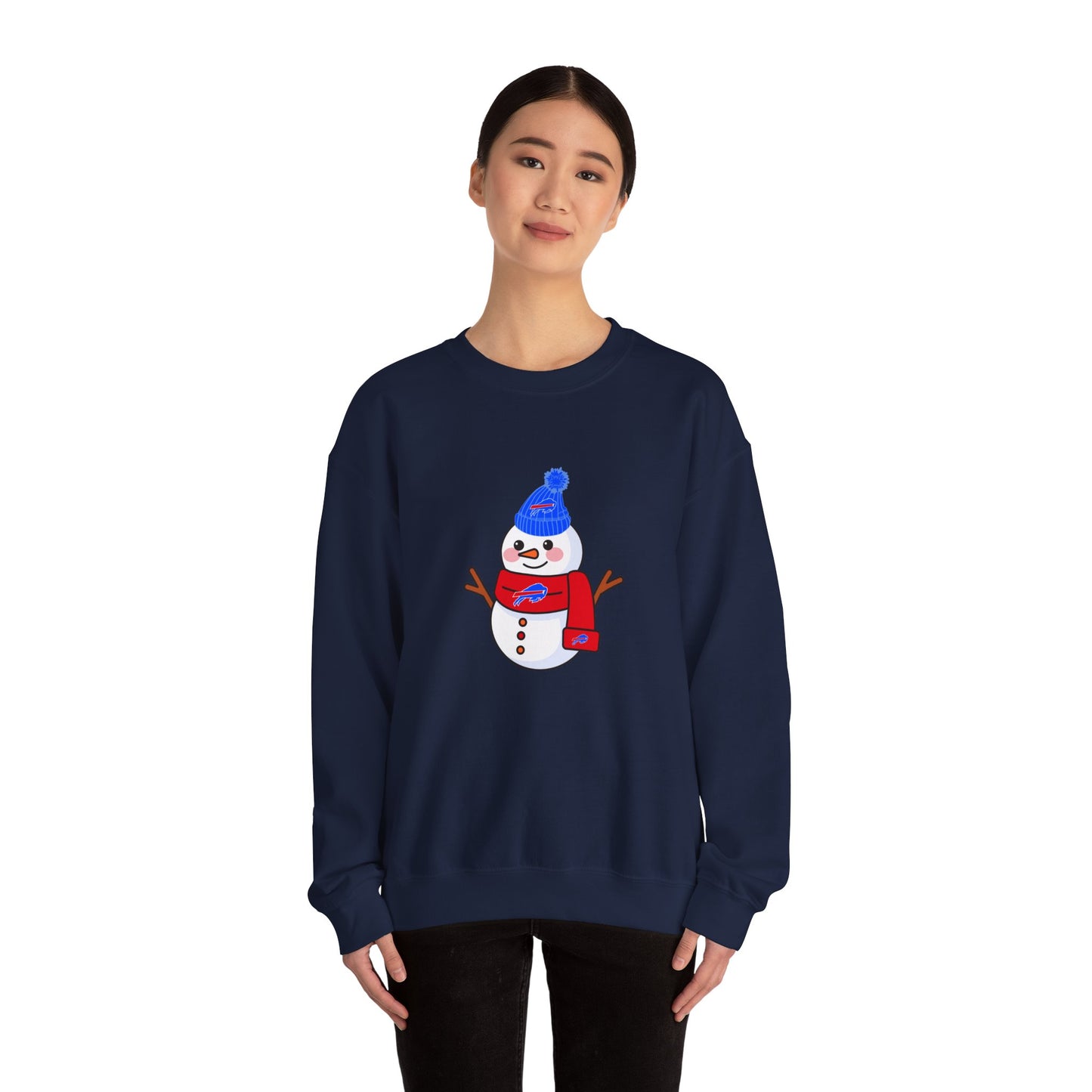 Buffalo Snowman Crewneck Sweatshirt – Cute Winter Snowman with Blue Beanie & Red Scarf
