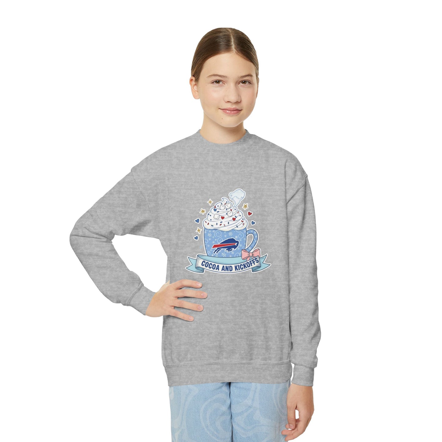 Youth Crewneck Sweatshirt - Cozy Buffalo Hot Cocoa Graphic with Whipped Cream & Stars