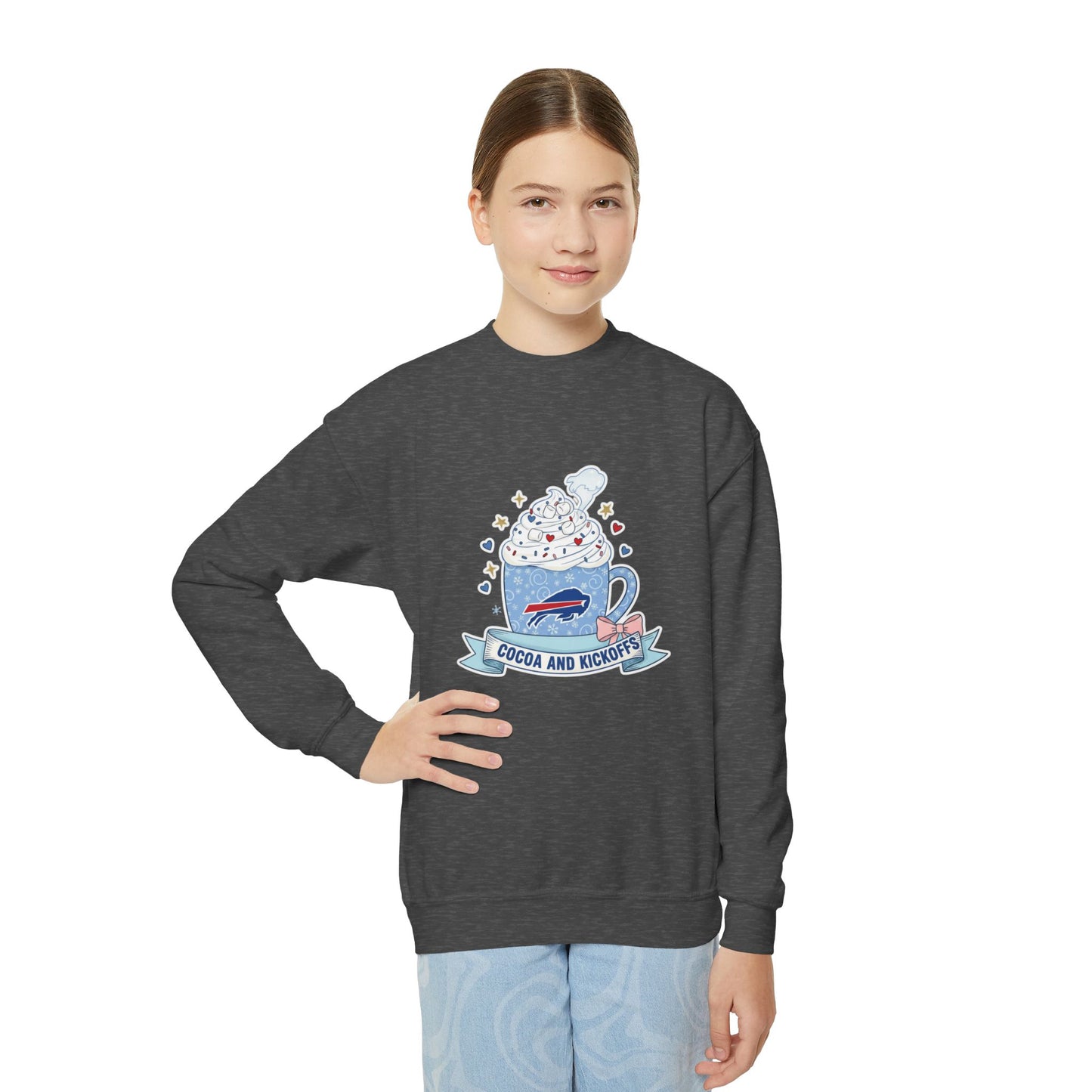Youth Crewneck Sweatshirt - Cozy Buffalo Hot Cocoa Graphic with Whipped Cream & Stars