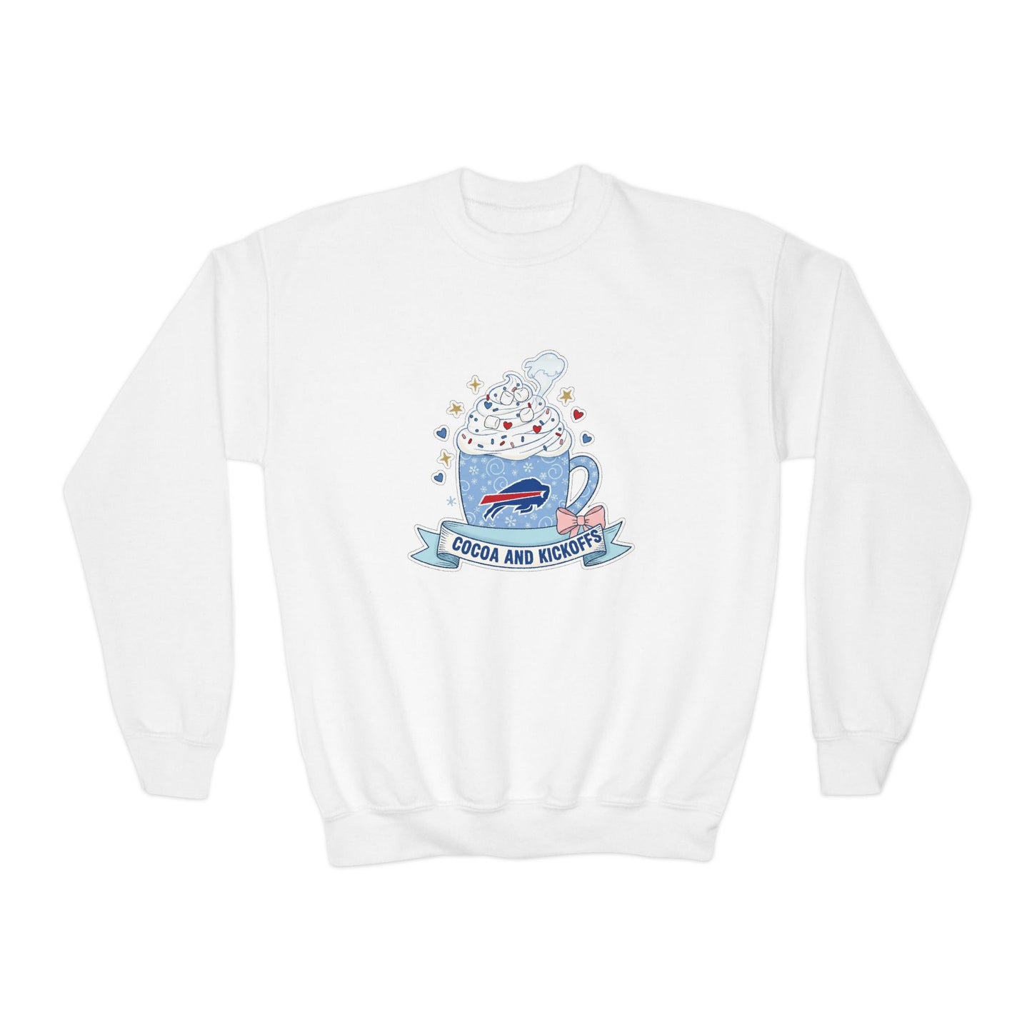 Youth Crewneck Sweatshirt - Cozy Buffalo Hot Cocoa Graphic with Whipped Cream & Stars