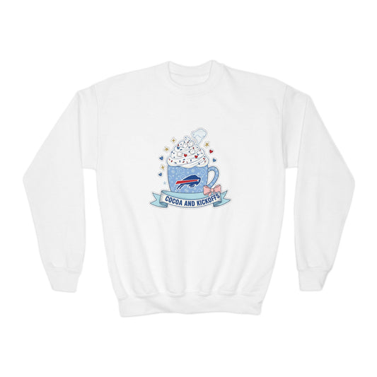 Youth Crewneck Sweatshirt - Cozy Buffalo Hot Cocoa Graphic with Whipped Cream & Stars