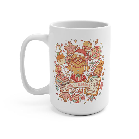 Christmas Gingerbread Mug - 'Grades & Gumdrops' Holiday 15oz Coffee Cup