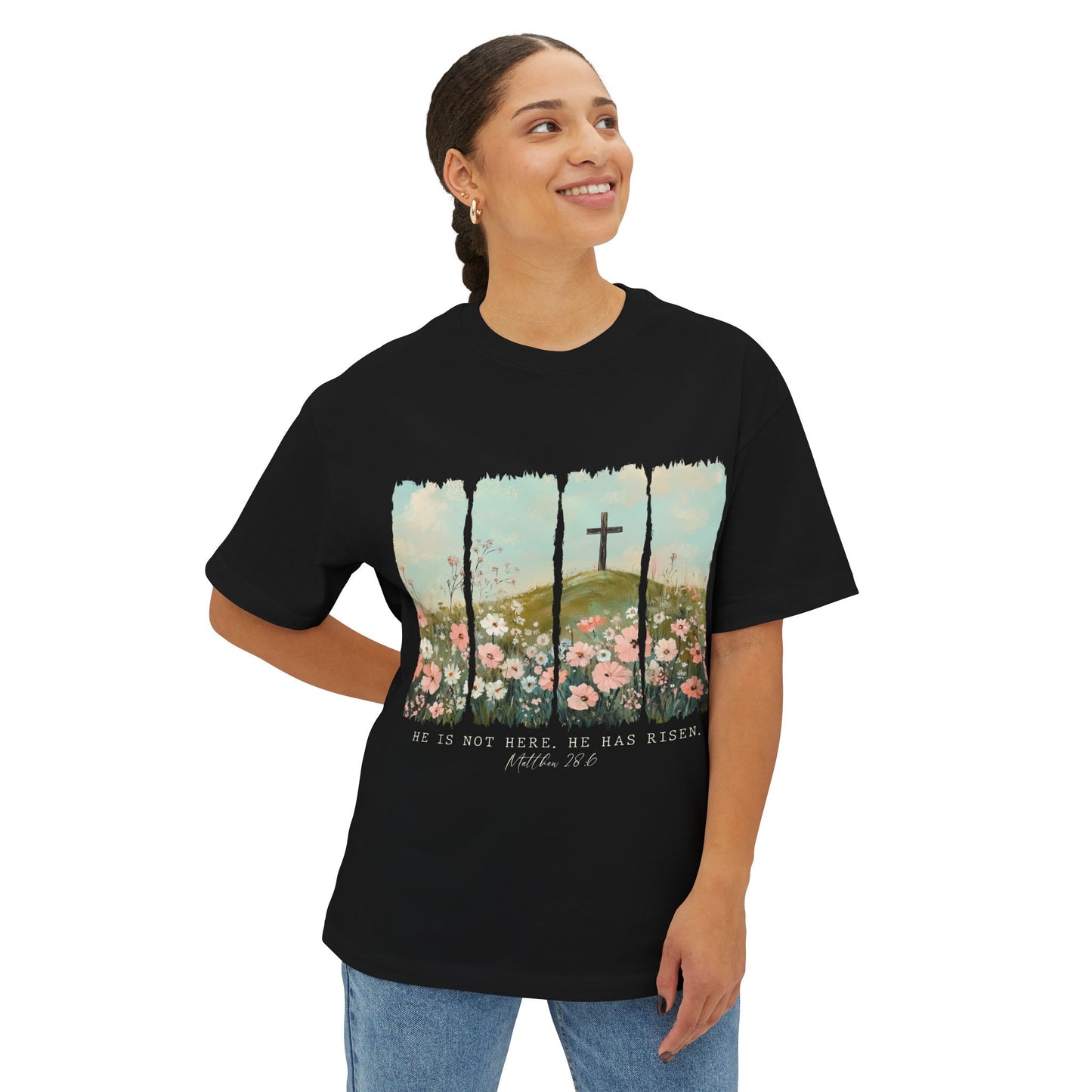 Faith-Inspired Oversized Boxy Tee with Floral Design