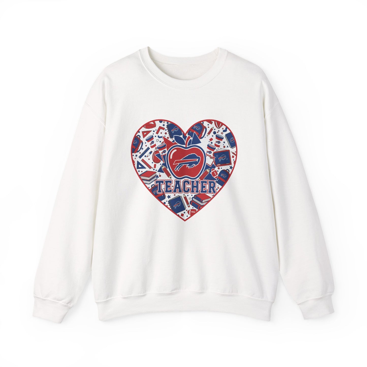 Teacher Crewneck Sweatshirt — Red & Blue Apple Graphic Teacher Pullover