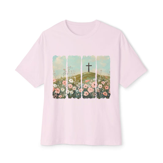 Faith-Inspired Oversized Boxy Tee with Floral Design