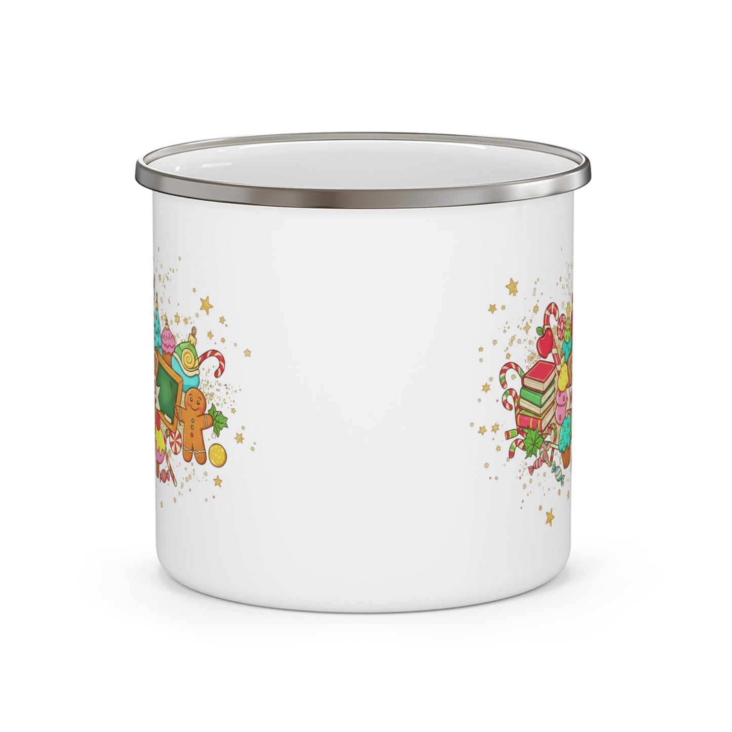 Enamel Mug — Merry and Motivated Holiday Camping Cup with Festive Sweets Design